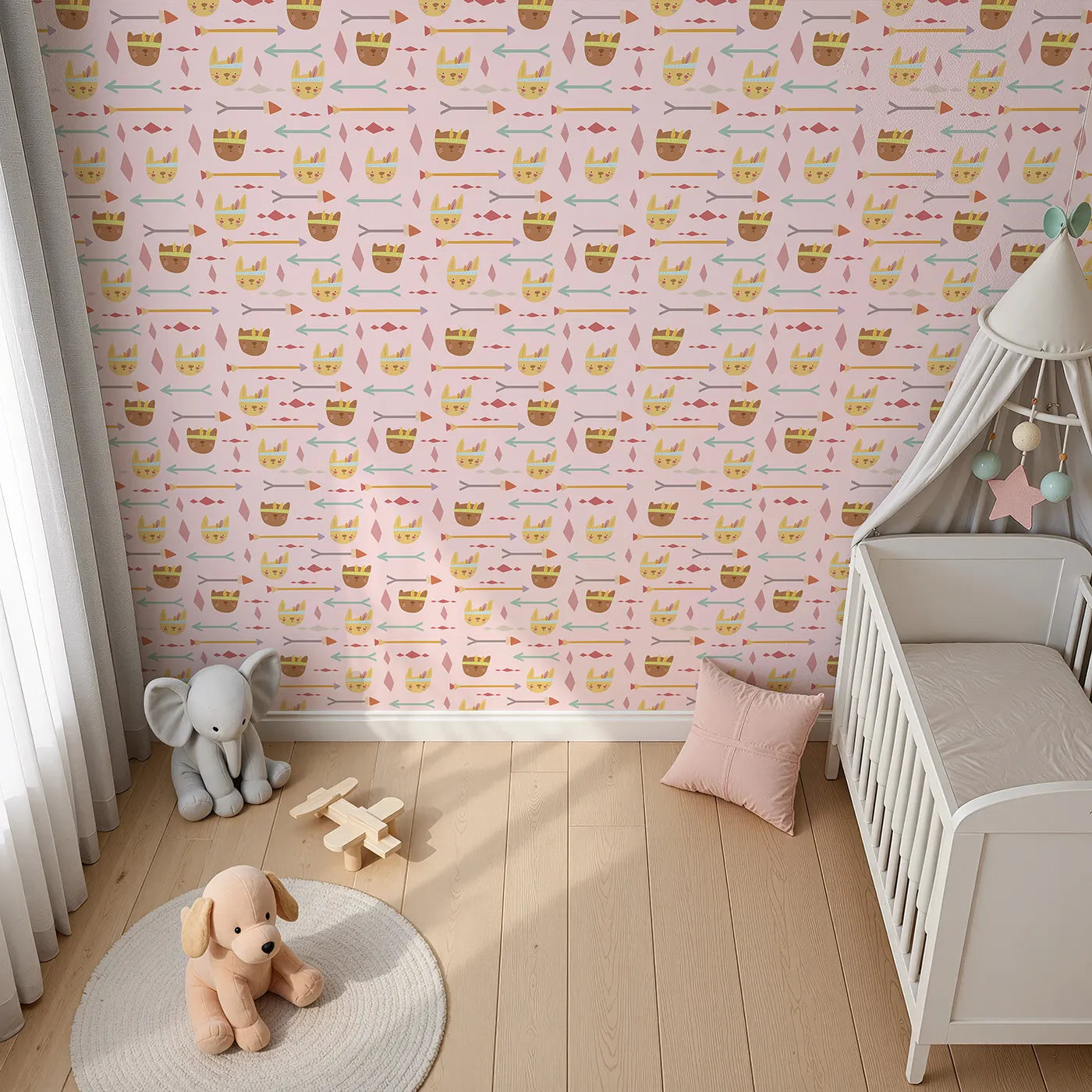 Top-Down view of Whimsy Tots' Tribal Bunny Parade Wallpaper in Petal Blush Pink (W3150B).Feathered bunnies and pastel arrows weave joy through soft pink skies.