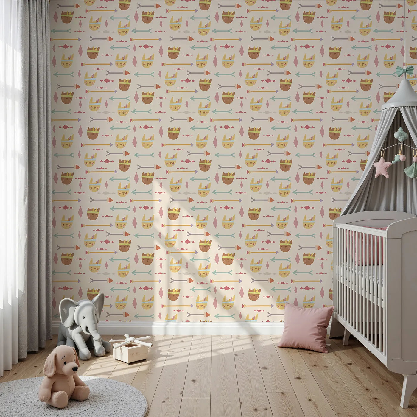 Front view of Whimsy Tots' Tribal Bunny Parade Wallpaper in Oat Beige