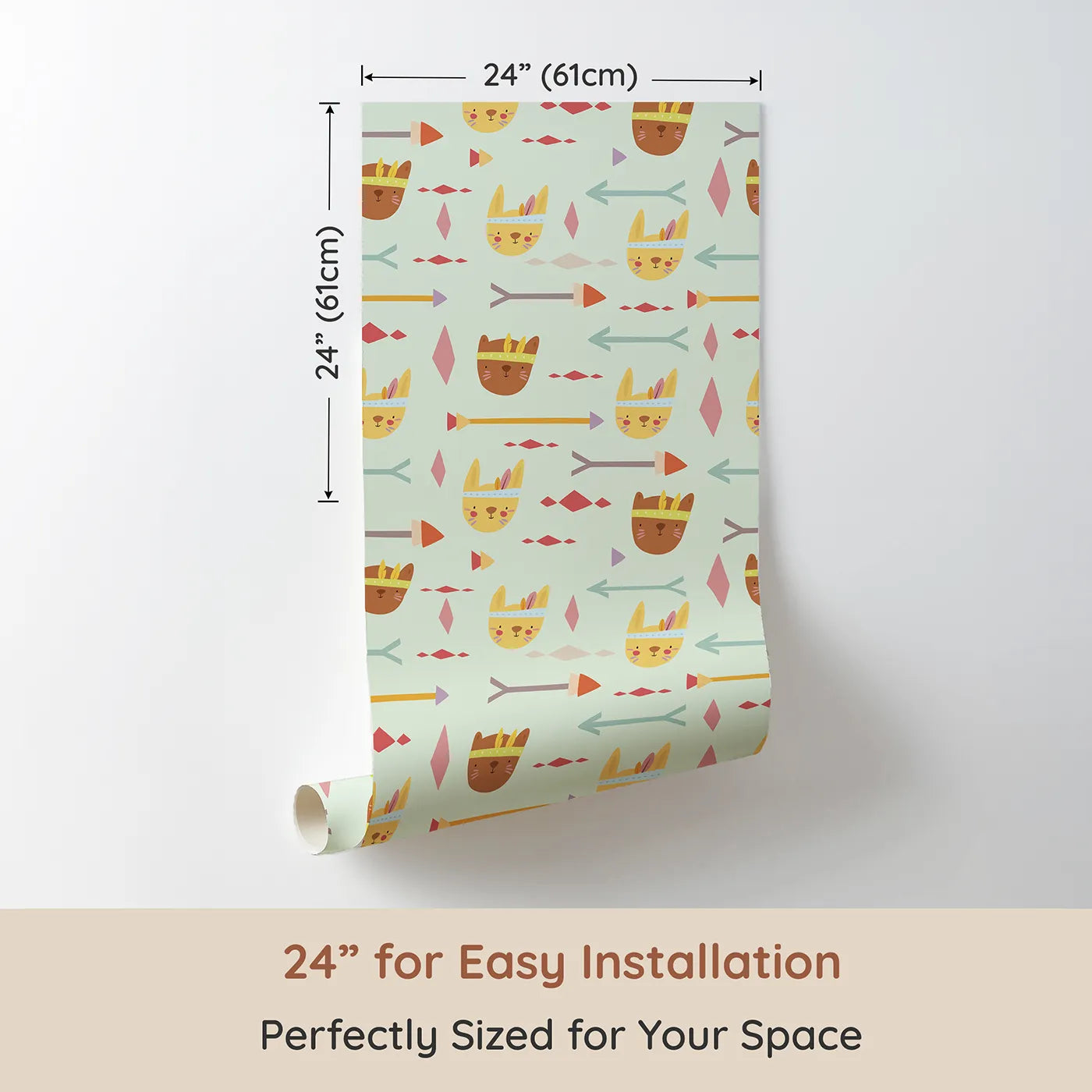 Dimension view of Whimsy Tots Tribal Bunny Parade Wallpaper in Fresh Sage Green (W3150D). Printed in 24-inch-wide panel for easy installation. Bunny faces and soft arrows create a gentle journey through leafy sage skies.