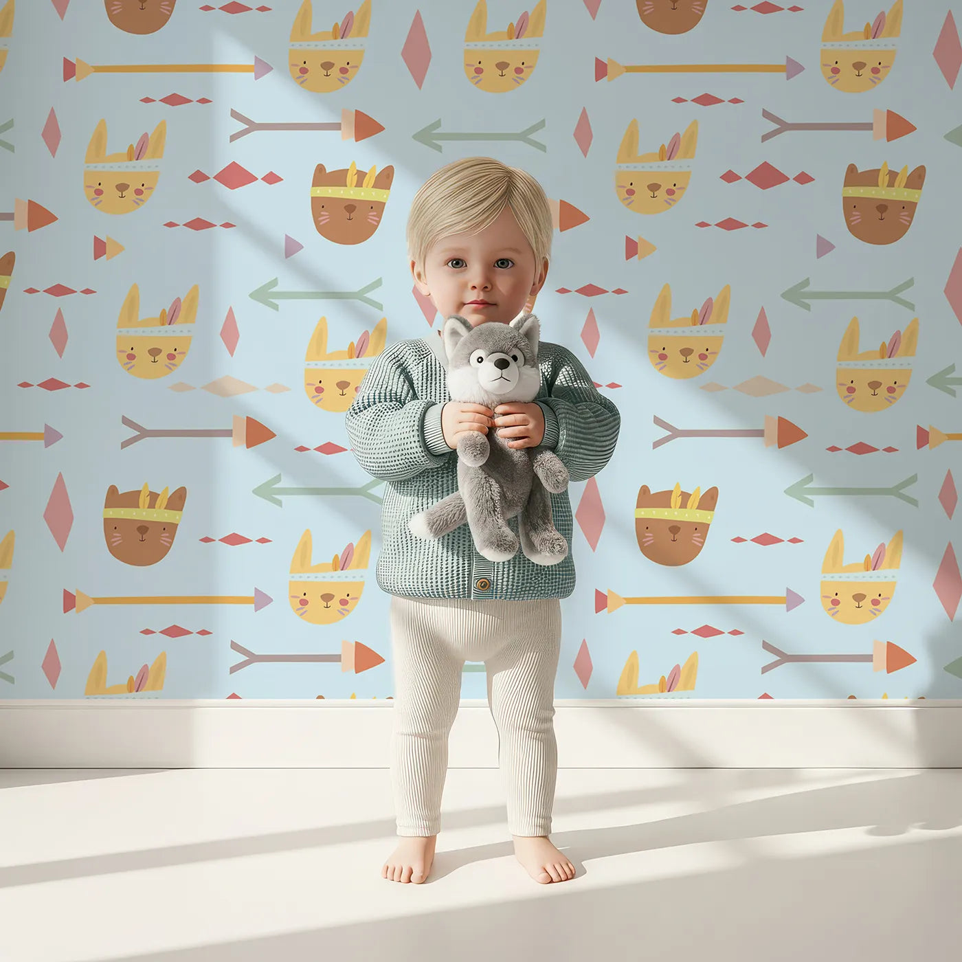 Lovely child standing in front of Whimsy Tots Tribal Bunny Parade Wallpaper in Sky Blue with rabbit, arrow, feather, diamond in design.