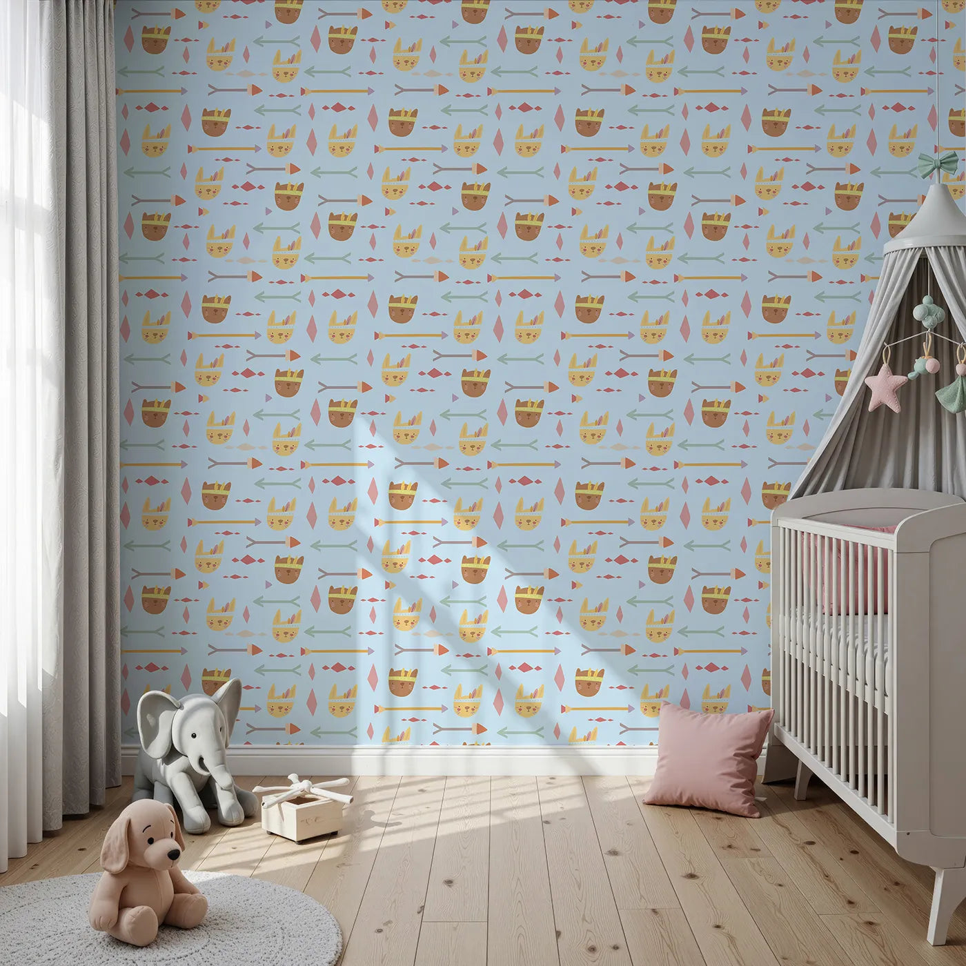Front view of Whimsy Tots' Tribal Bunny Parade Wallpaper in Sky Blue