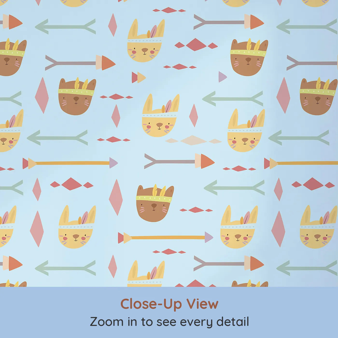 Close-up view of Whimsy Tots' Tribal Bunny Parade Wallpaper in Sky Blue (W3150E).Sunny bunnies and playful arrows drift through a sky-blue dreamscape.