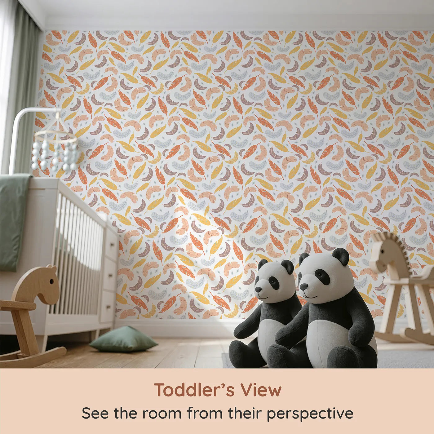 Whimsy Tots Feathered Whimsy Drift Wallpaper in Vanilla Cream (W3151A) from your child's view.Patterned feathers float gently across a cozy cream sky.