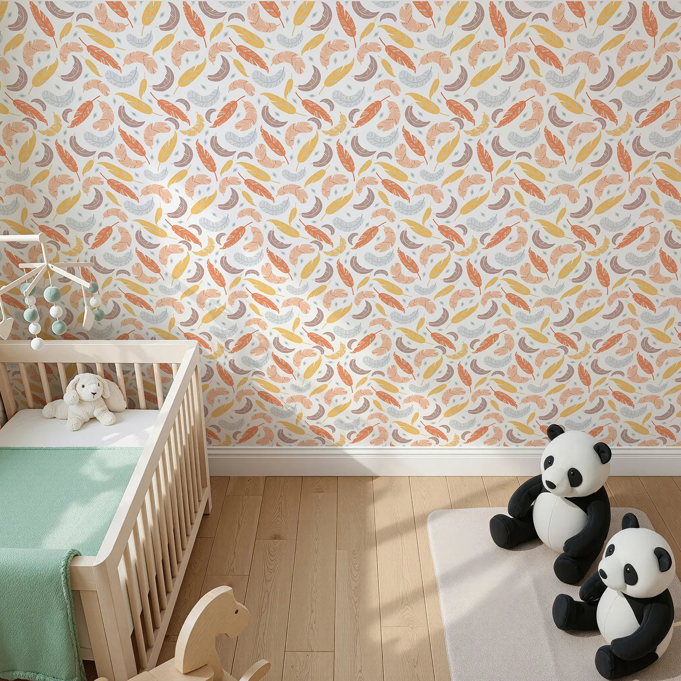 Top-Down view of Whimsy Tots' Feathered Whimsy Drift Wallpaper in Vanilla Cream (W3151A).Patterned feathers float gently across a cozy cream sky.