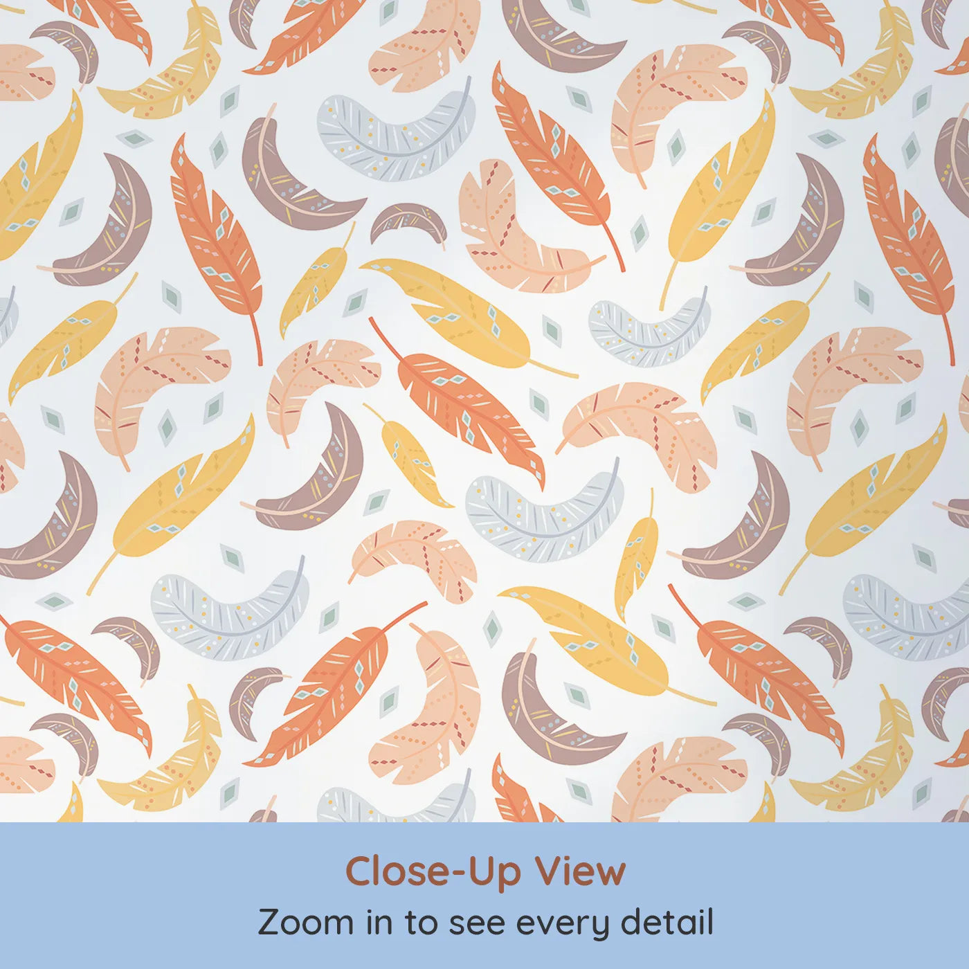 Close-up view of Whimsy Tots' Feathered Whimsy Drift Wallpaper in Vanilla Cream (W3151A).Patterned feathers float gently across a cozy cream sky.