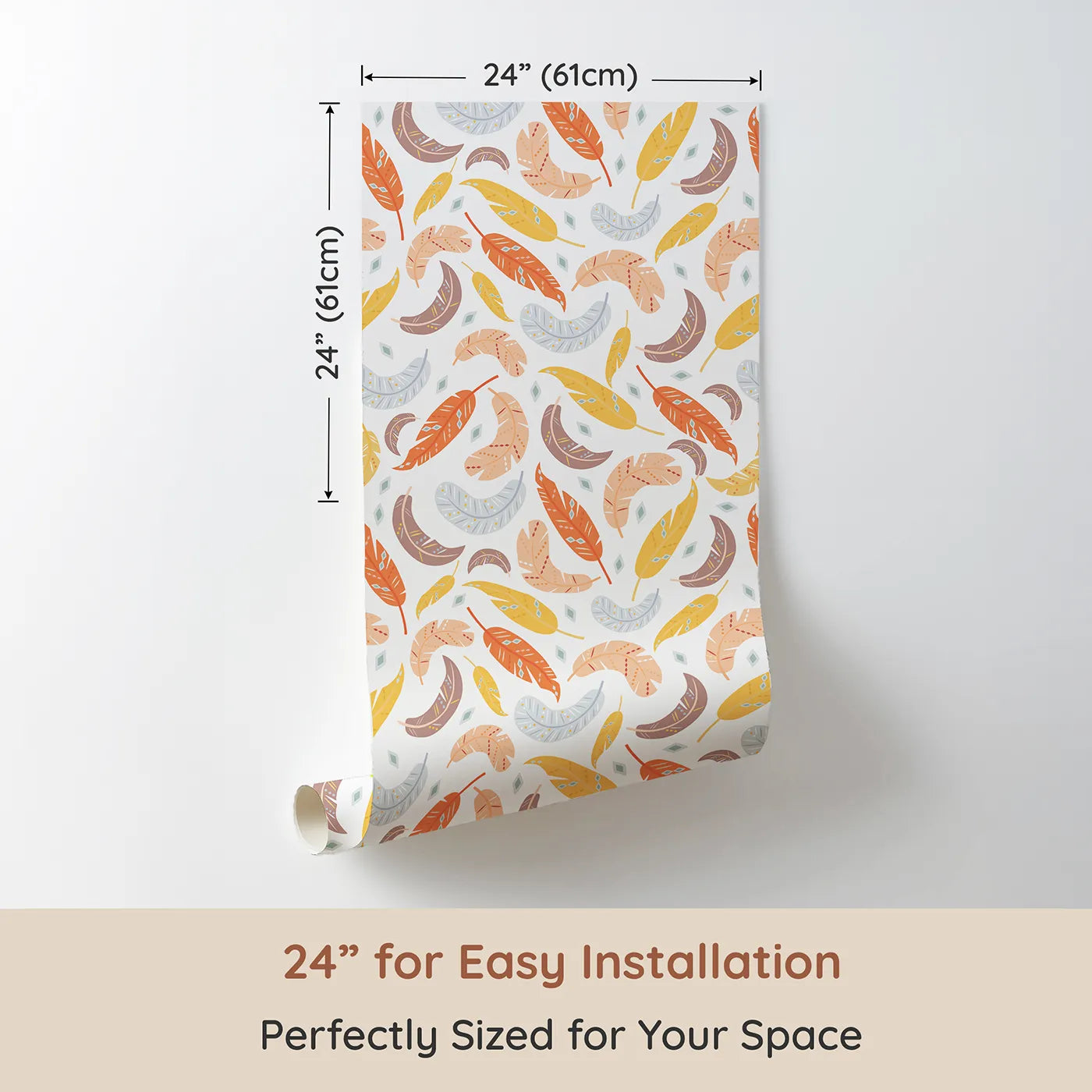 Dimension view of Whimsy Tots Feathered Whimsy Drift Wallpaper in Vanilla Cream (W3151A). Printed in 24-inch-wide panel for easy installation. Patterned feathers float gently across a cozy cream sky.