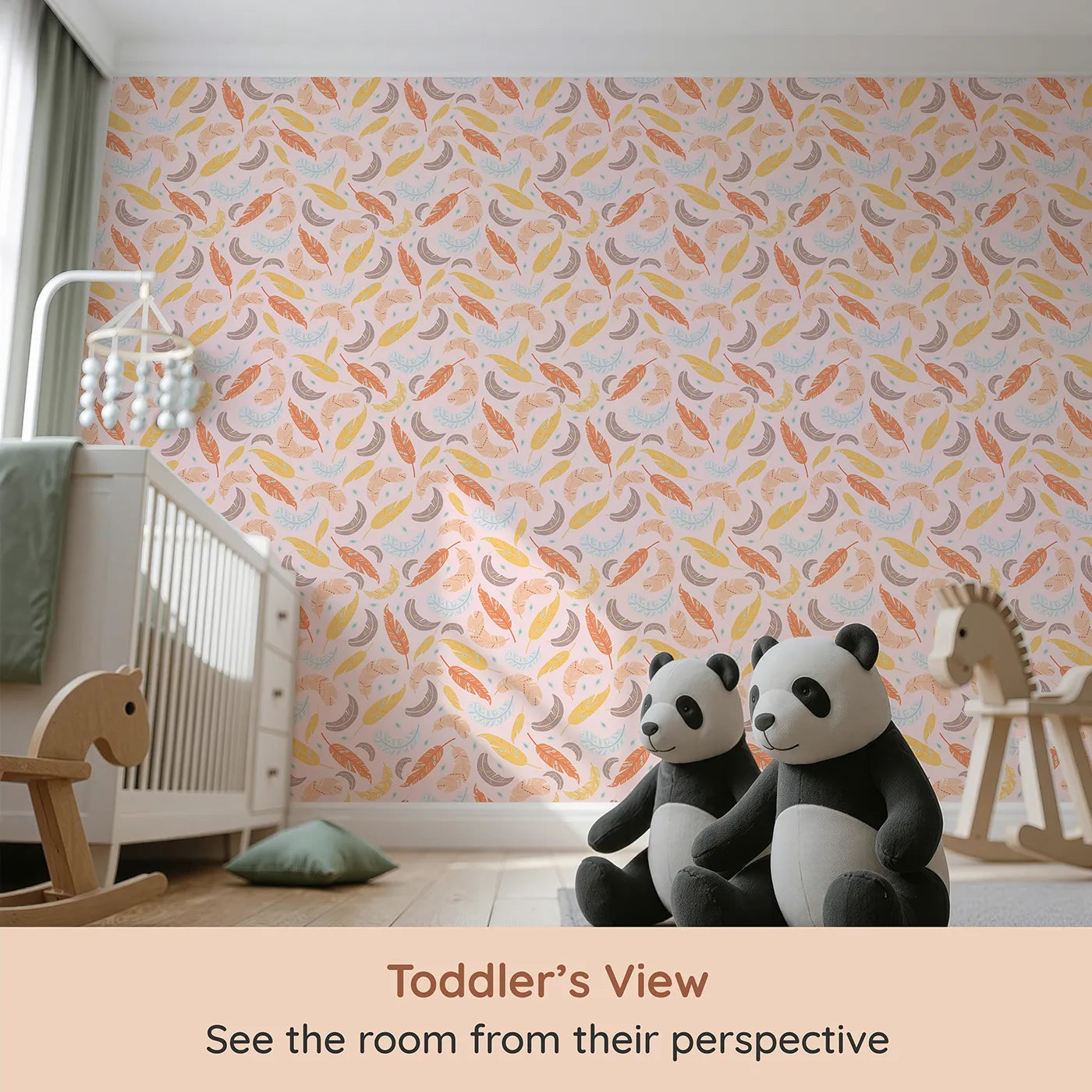 Whimsy Tots Feathered Whimsy Drift Wallpaper in Petal Blush (W3151B) from your child's view.Colorful feathers swirl gently across a pink whisper sky.