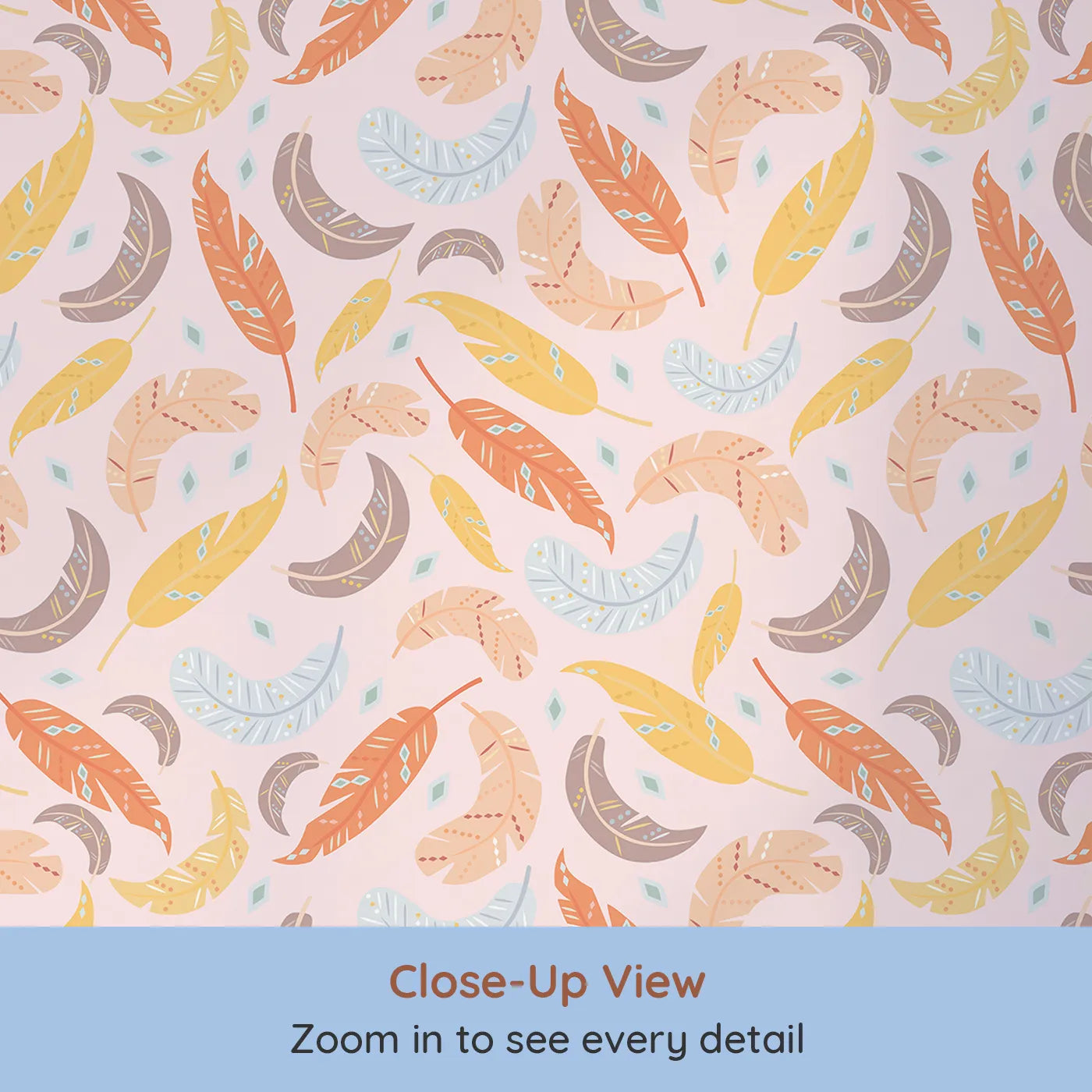 Close-up view of Whimsy Tots' Feathered Whimsy Drift Wallpaper in Petal Blush (W3151B).Colorful feathers swirl gently across a pink whisper sky.