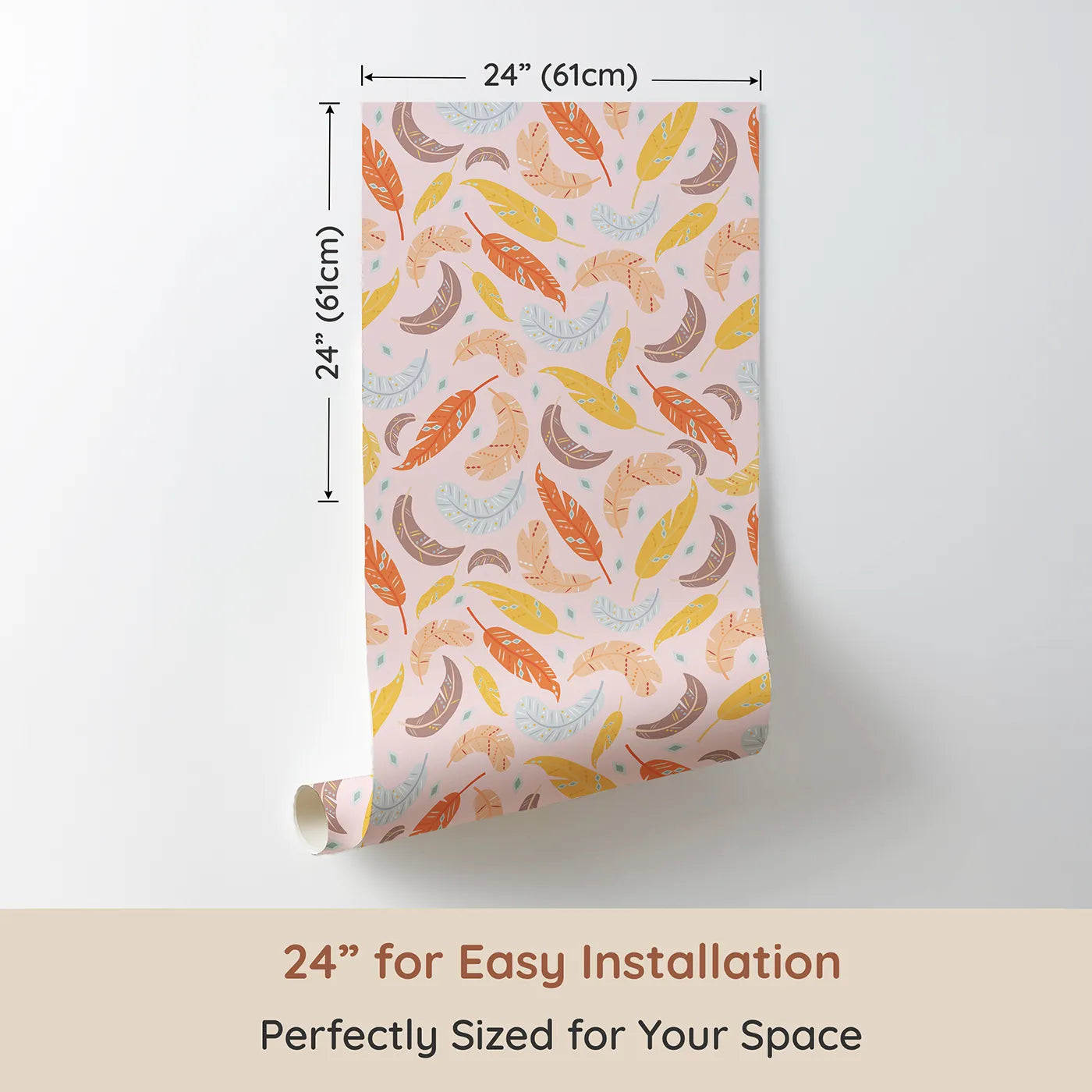 Dimension view of Whimsy Tots Feathered Whimsy Drift Wallpaper in Petal Blush (W3151B). Printed in 24-inch-wide panel for easy installation. Colorful feathers swirl gently across a pink whisper sky.