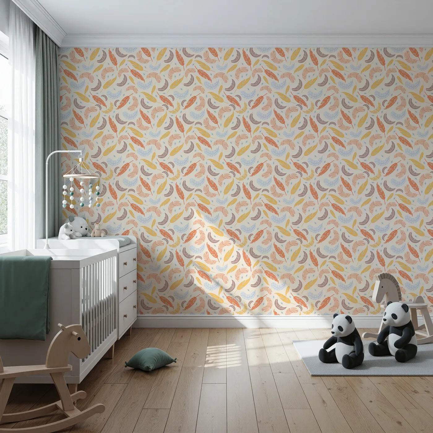 Front view of Whimsy Tots' Feathered Whimsy Drift Wallpaper in Oat Beige