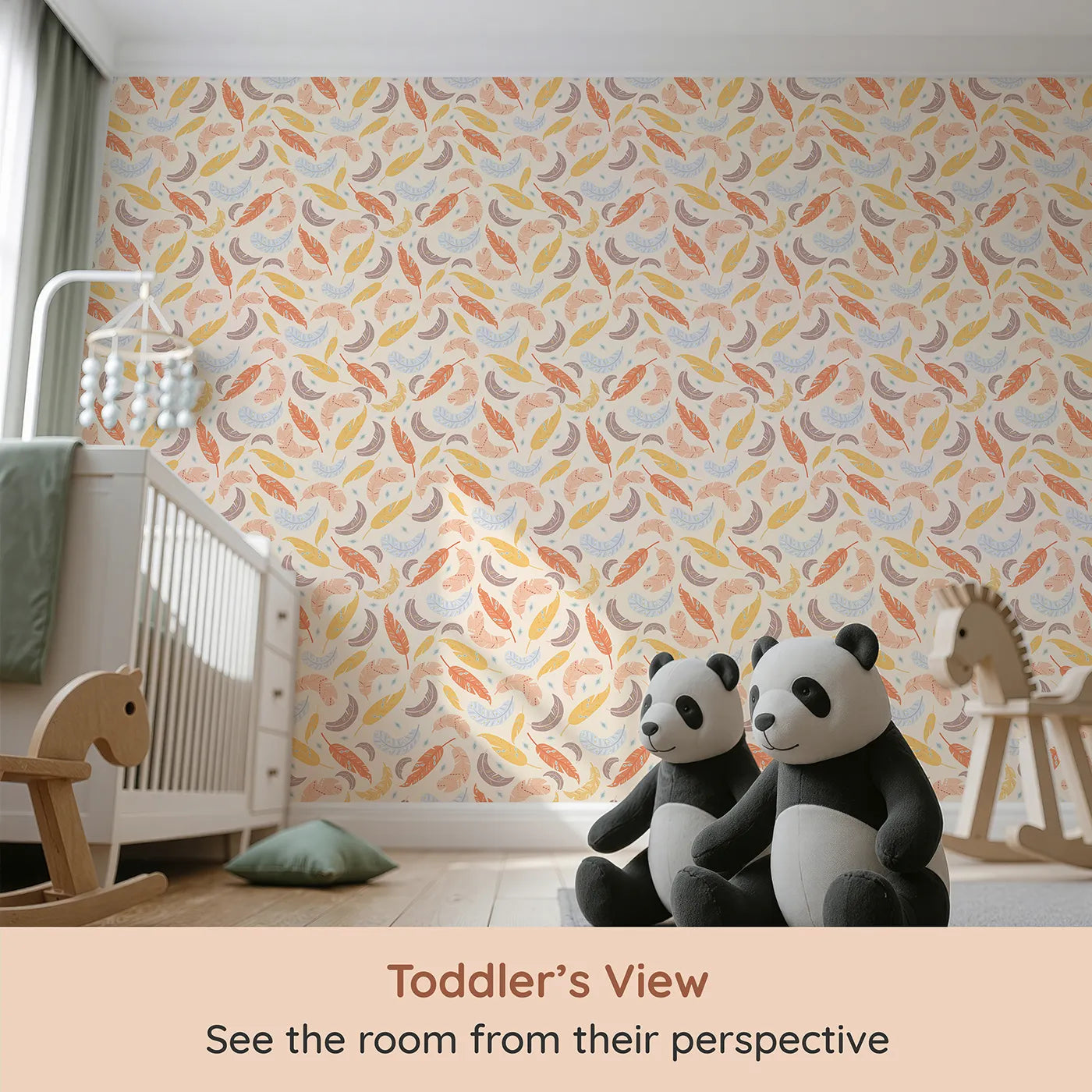 Whimsy Tots Feathered Whimsy Drift Wallpaper in Oat Beige (W3151C) from your child's view.Floating feathers and earth tones create a gentle nest of calm.