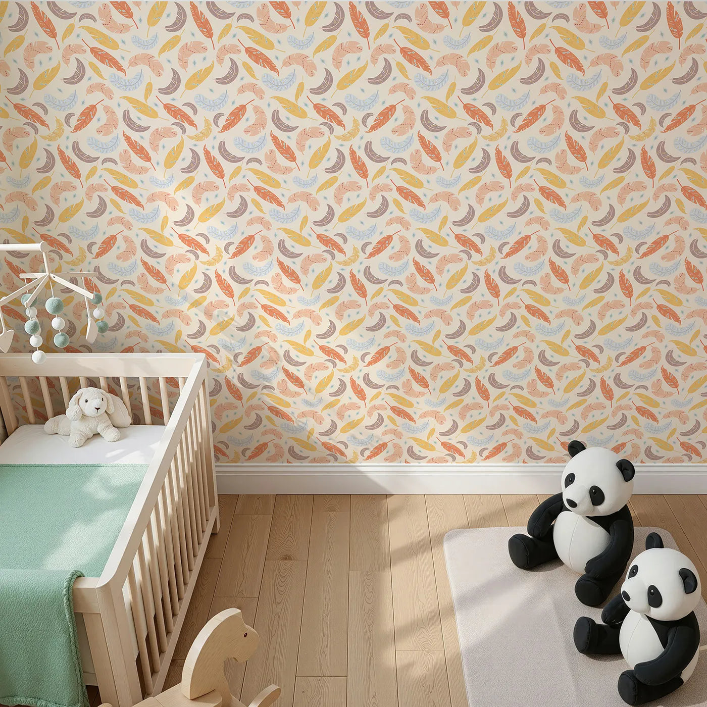 Top-Down view of Whimsy Tots' Feathered Whimsy Drift Wallpaper in Oat Beige (W3151C).Floating feathers and earth tones create a gentle nest of calm.