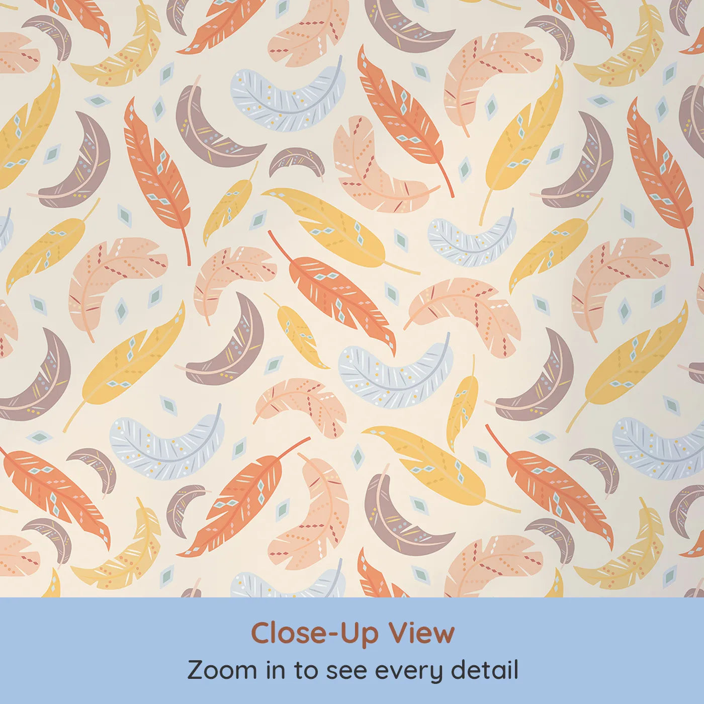 Close-up view of Whimsy Tots' Feathered Whimsy Drift Wallpaper in Oat Beige (W3151C).Floating feathers and earth tones create a gentle nest of calm.