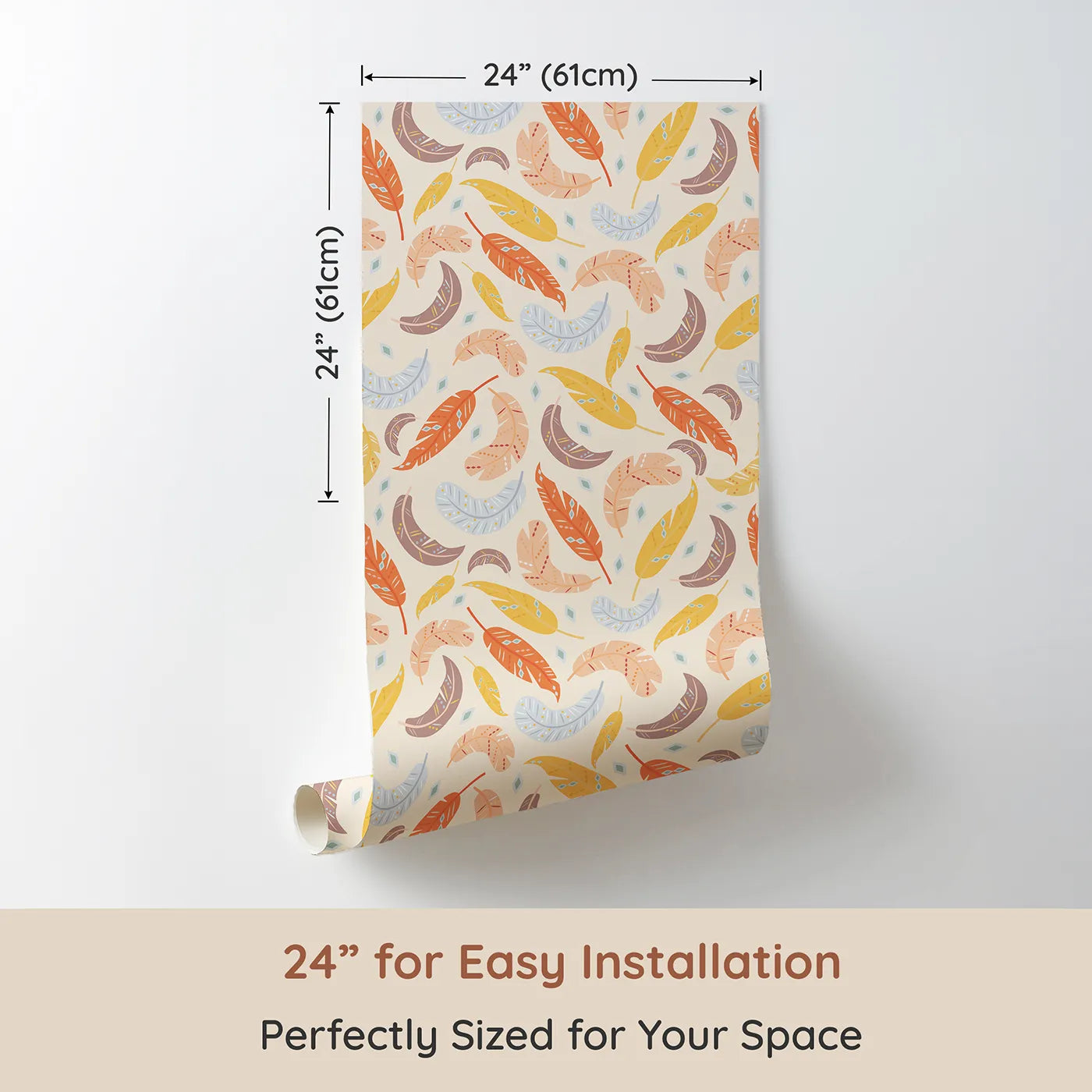 Dimension view of Whimsy Tots Feathered Whimsy Drift Wallpaper in Oat Beige (W3151C). Printed in 24-inch-wide panel for easy installation. Floating feathers and earth tones create a gentle nest of calm.