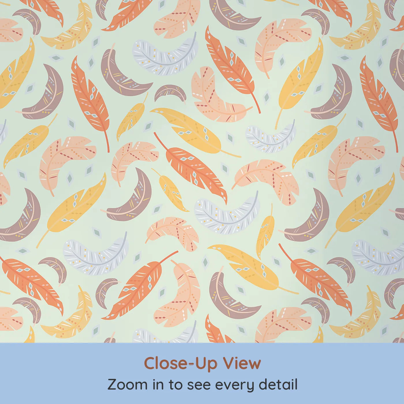 Close-up view of Whimsy Tots' Feathered Whimsy Drift Wallpaper in Sage Mist (W3151D).Dancing feathers swirl gently over a cool sage mist sky.