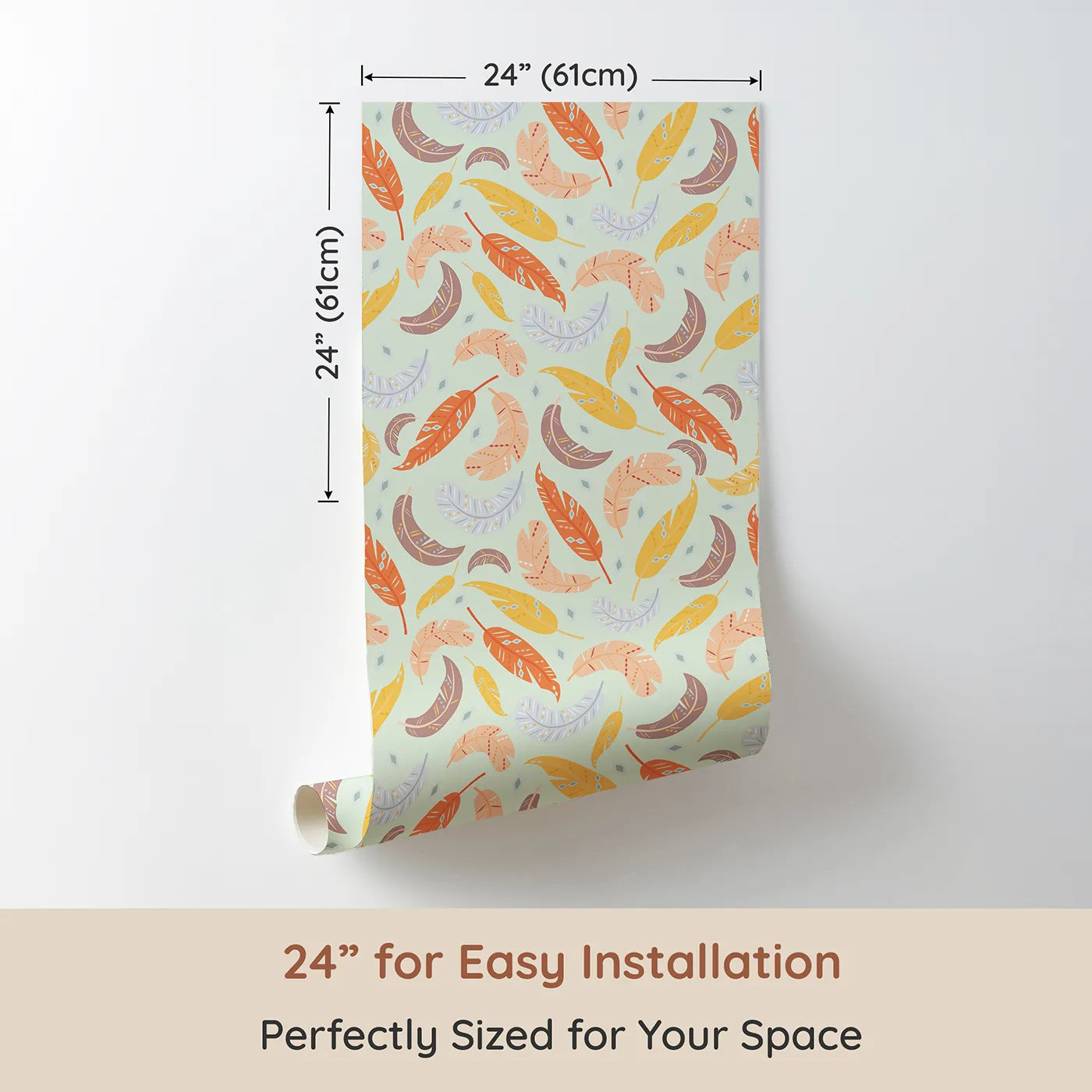 Dimension view of Whimsy Tots Feathered Whimsy Drift Wallpaper in Sage Mist (W3151D). Printed in 24-inch-wide panel for easy installation. Dancing feathers swirl gently over a cool sage mist sky.