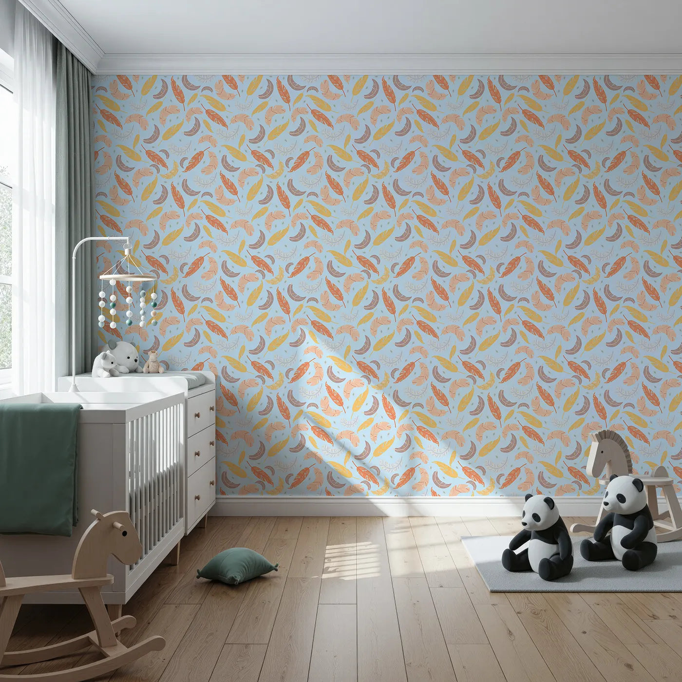 Front view of Whimsy Tots' Feathered Whimsy Drift Wallpaper in Sky Blue