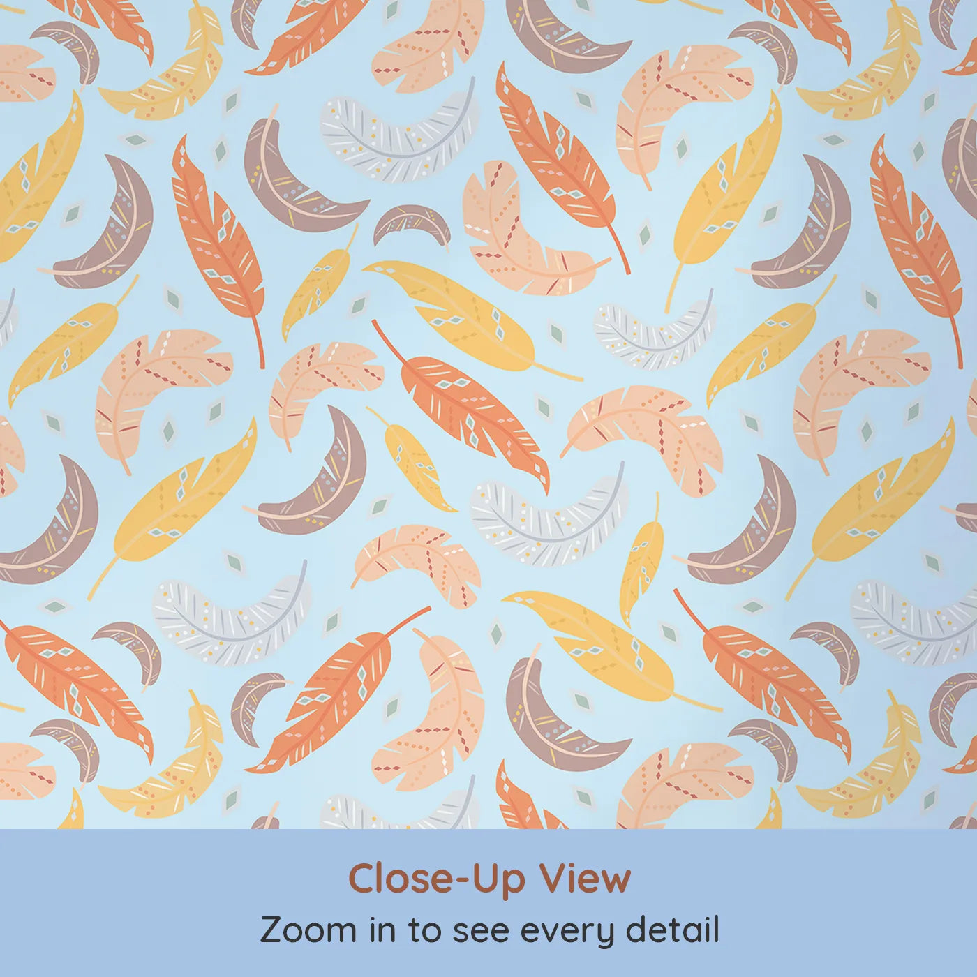 Close-up view of Whimsy Tots' Feathered Whimsy Drift Wallpaper in Sky Blue (W3151E).Tribal-patterned feathers float across a calming sky blue canvas.