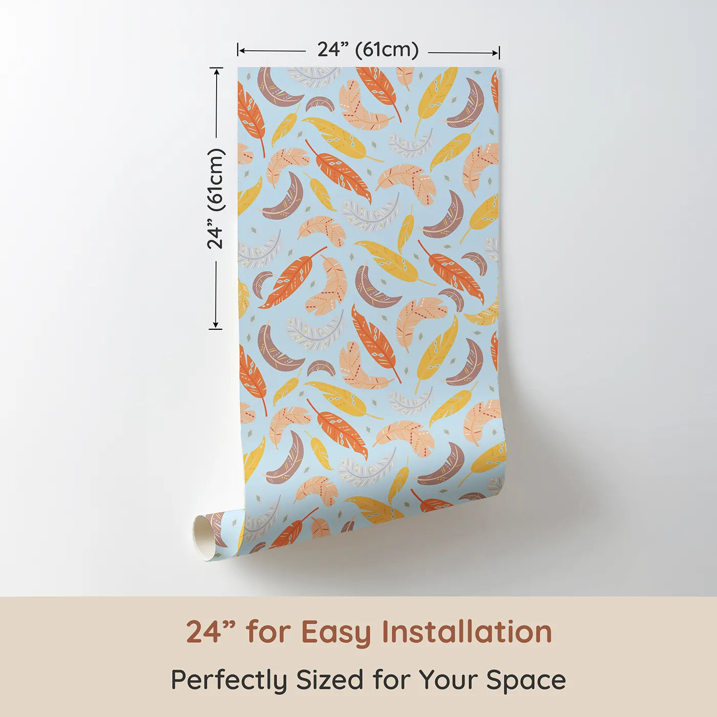 Dimension view of Whimsy Tots Feathered Whimsy Drift Wallpaper in Sky Blue (W3151E). Printed in 24-inch-wide panel for easy installation. Tribal-patterned feathers float across a calming sky blue canvas.