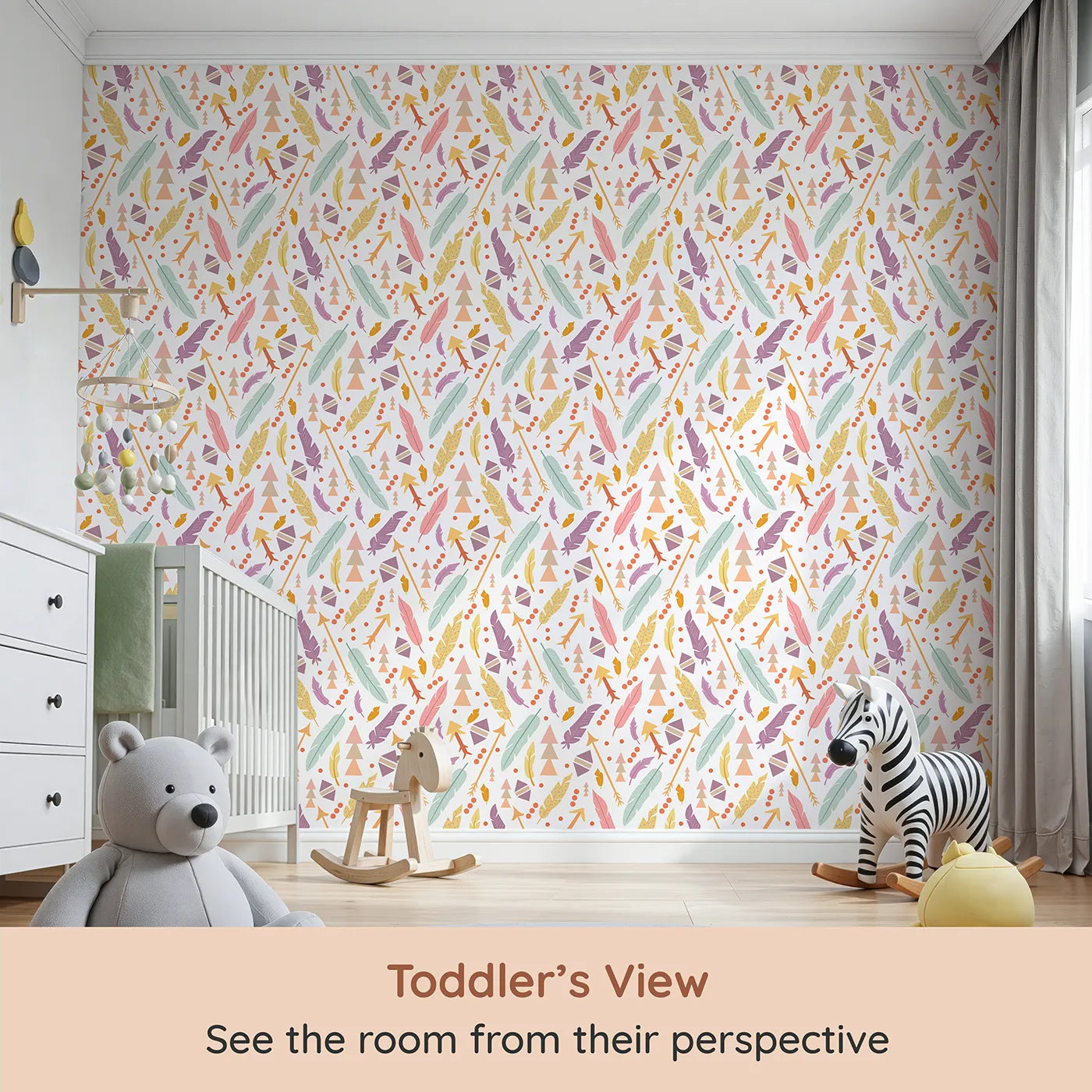Whimsy Tots Feather Arrow Confetti Wallpaper in White (W3152A) from your child's view.Feathers, arrows, and boho dots spark playful journeys.