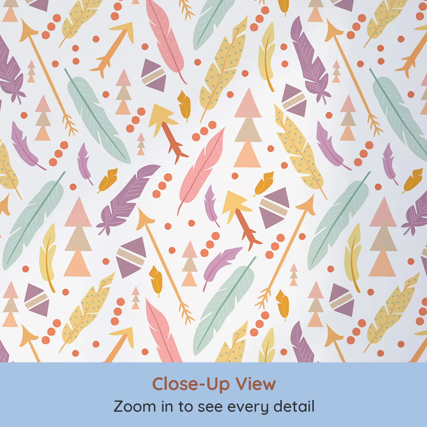 Close-up view of Whimsy Tots' Feather Arrow Confetti Wallpaper in White (W3152A).Feathers, arrows, and boho dots spark playful journeys.