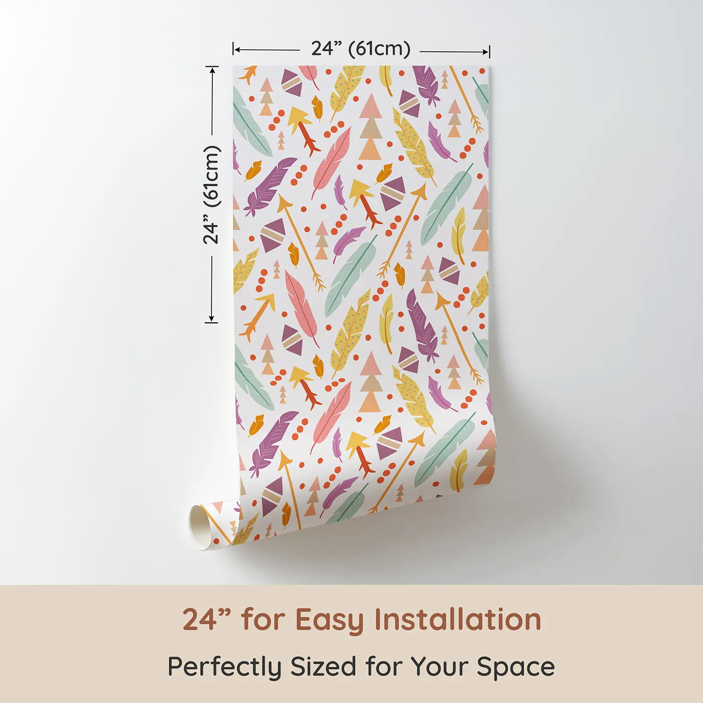 Dimension view of Whimsy Tots Feather Arrow Confetti Wallpaper in White (W3152A). Printed in 24-inch-wide panel for easy installation. Feathers, arrows, and boho dots spark playful journeys.