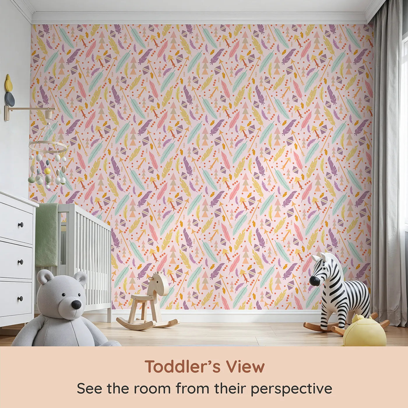 Whimsy Tots Feather Arrow Confetti Wallpaper in Petal Pink (W3152B) from your child's view.Feathers, arrows, and boho dots spark playful journeys.