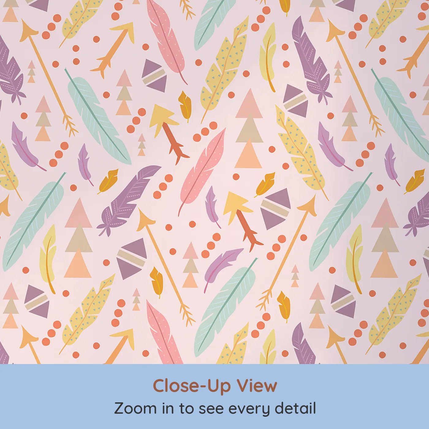 Close-up view of Whimsy Tots' Feather Arrow Confetti Wallpaper in Blush Cream (W3152C).Feathers, arrows, and boho dots spark playful journeys.
