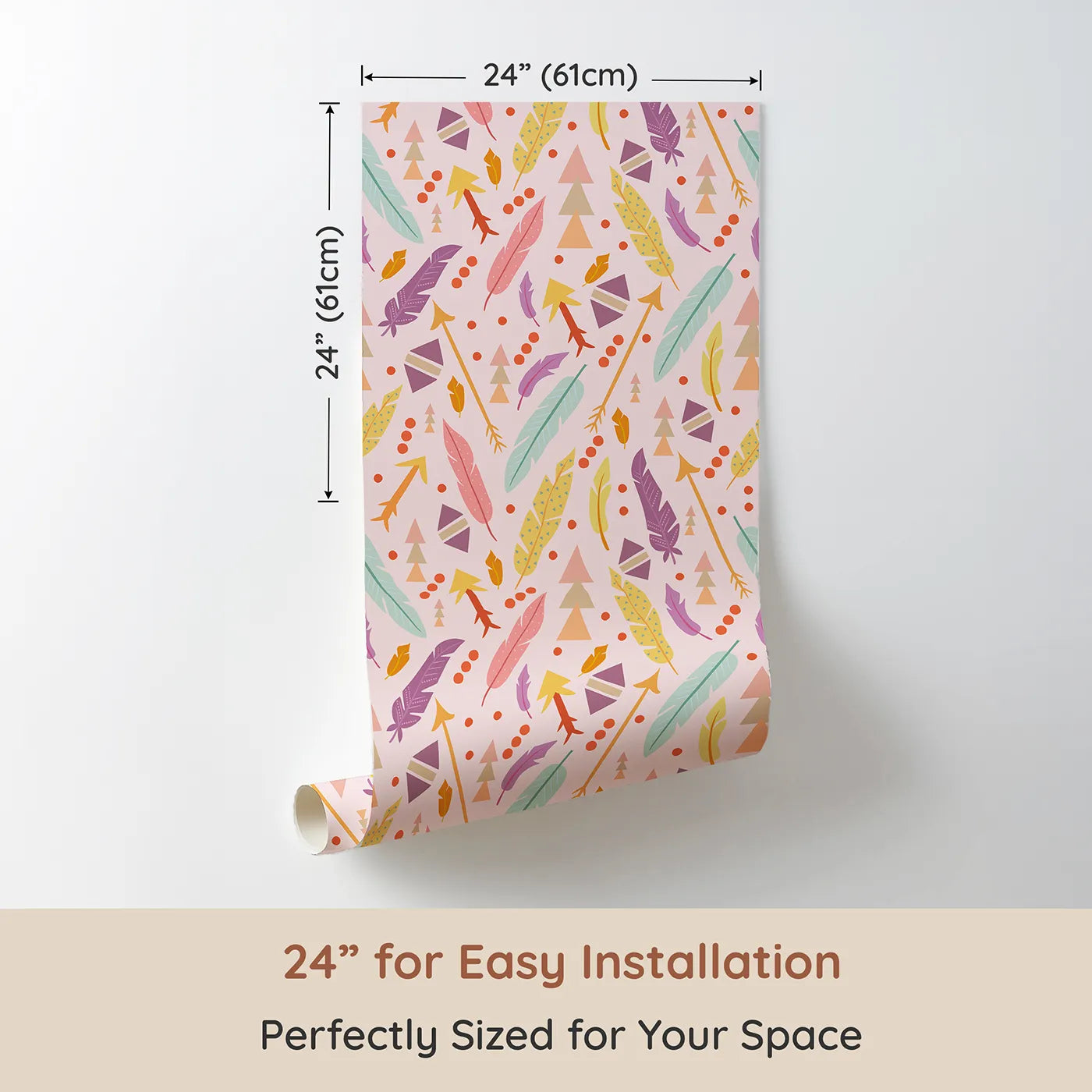 Dimension view of Whimsy Tots Feather Arrow Confetti Wallpaper in Blush Cream (W3152C). Printed in 24-inch-wide panel for easy installation. Feathers, arrows, and boho dots spark playful journeys.