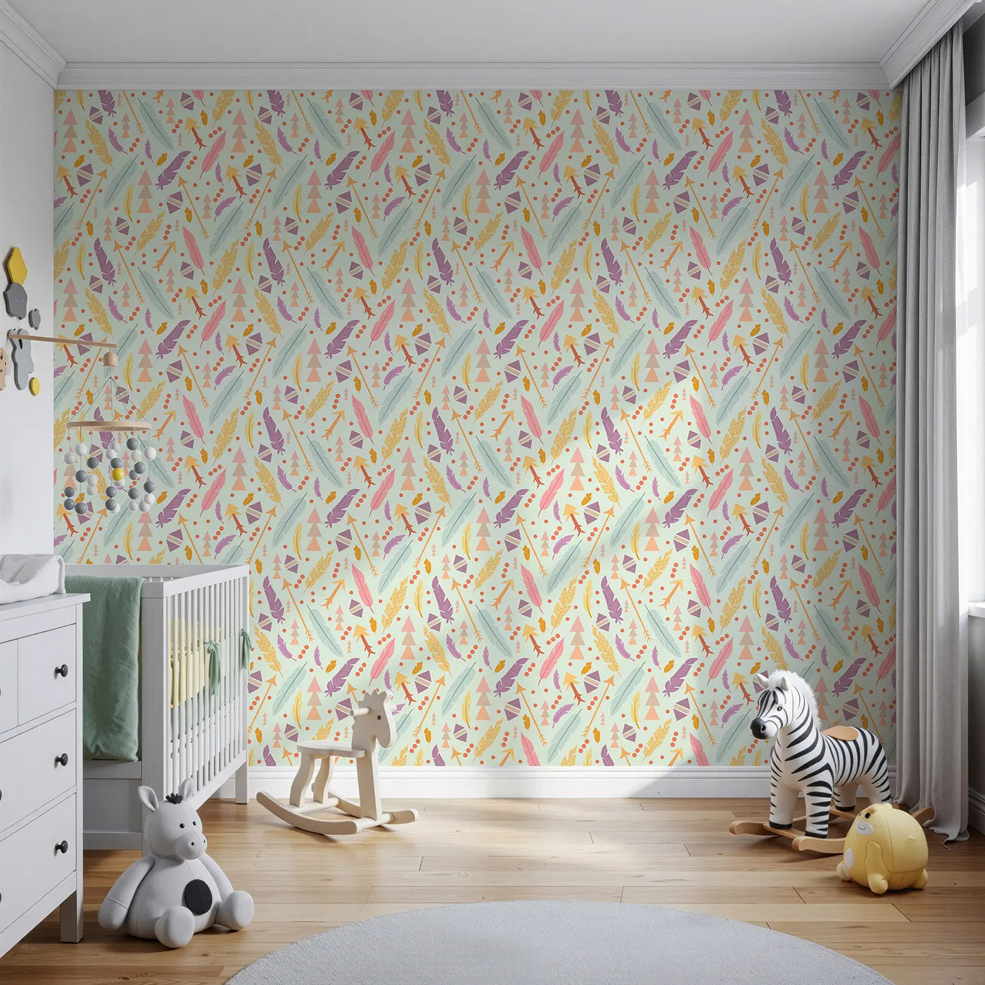 Front view of Whimsy Tots' Feather Arrow Confetti Wallpaper in Mint Whisper Green