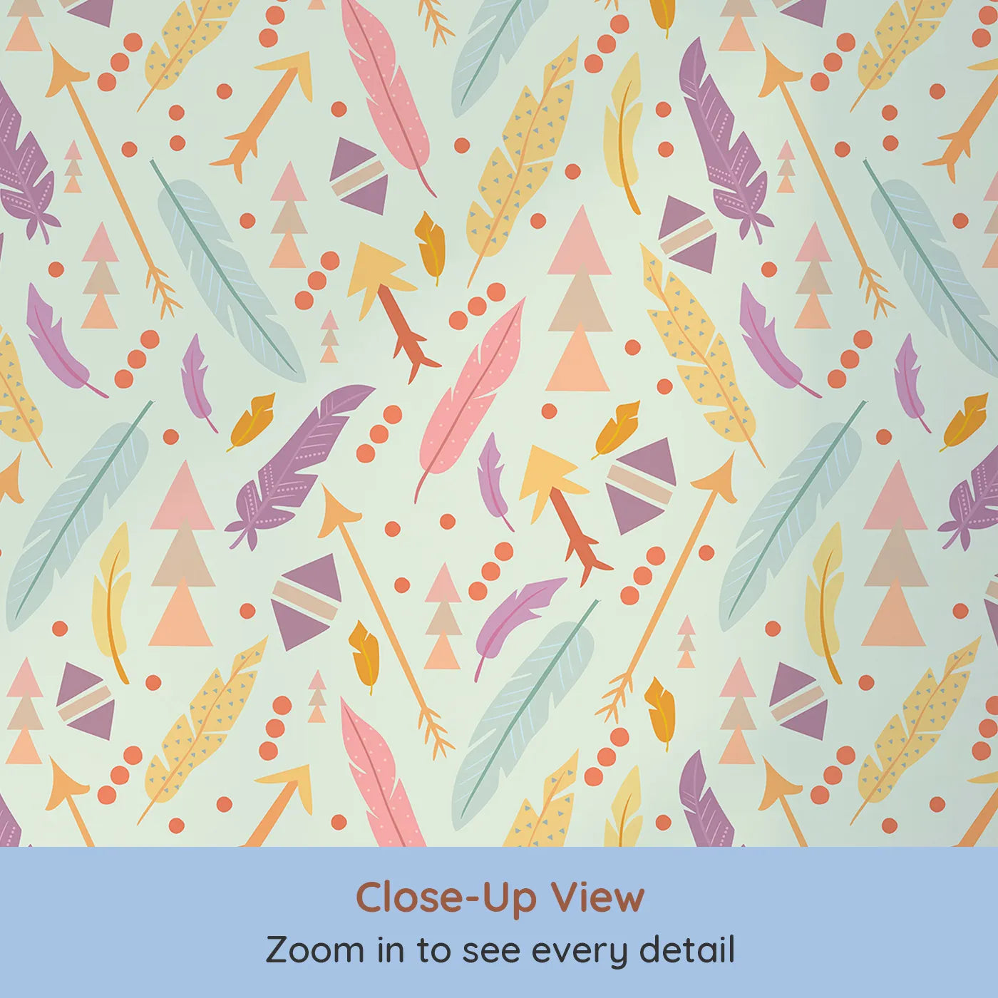 Close-up view of Whimsy Tots' Feather Arrow Confetti Wallpaper in Mint Whisper Green (W3152D).Feathers, arrows, and boho dots spark playful journeys.