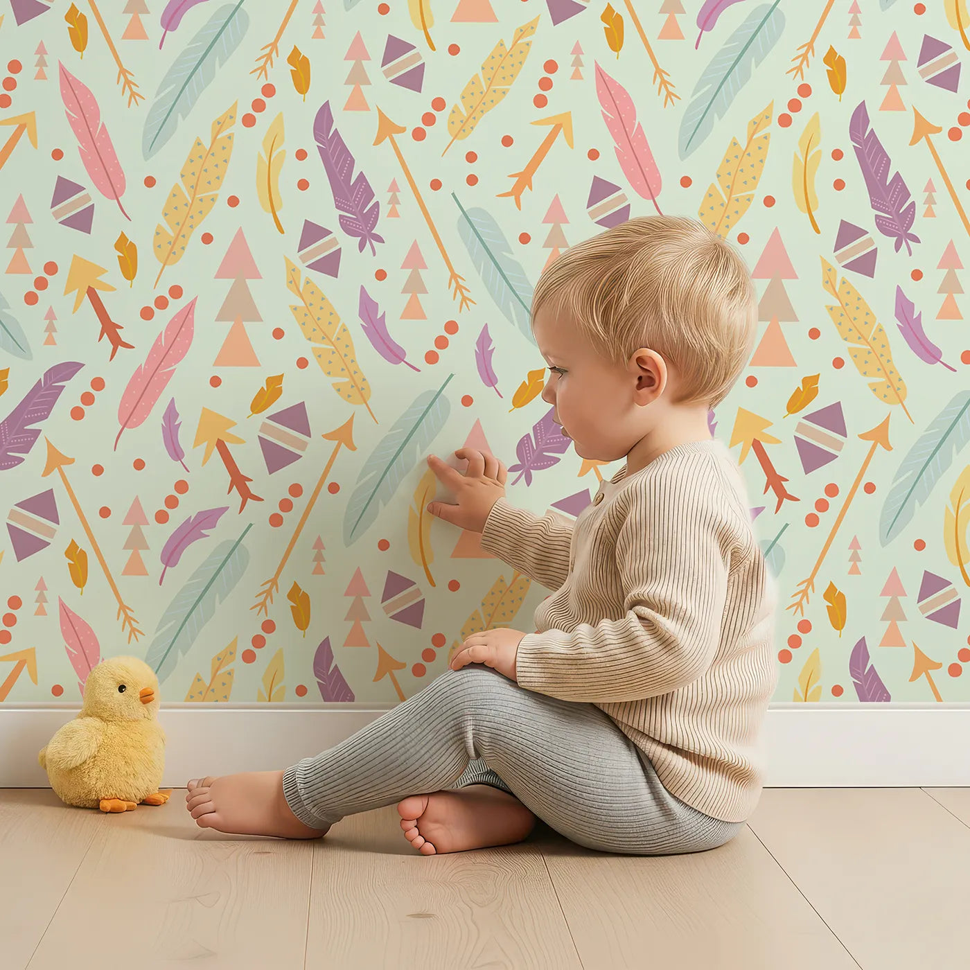 Lovely child standing in front of Whimsy Tots Feather Arrow Confetti Wallpaper in Light Mint Green with arrow, feather, triangle, dot in design.