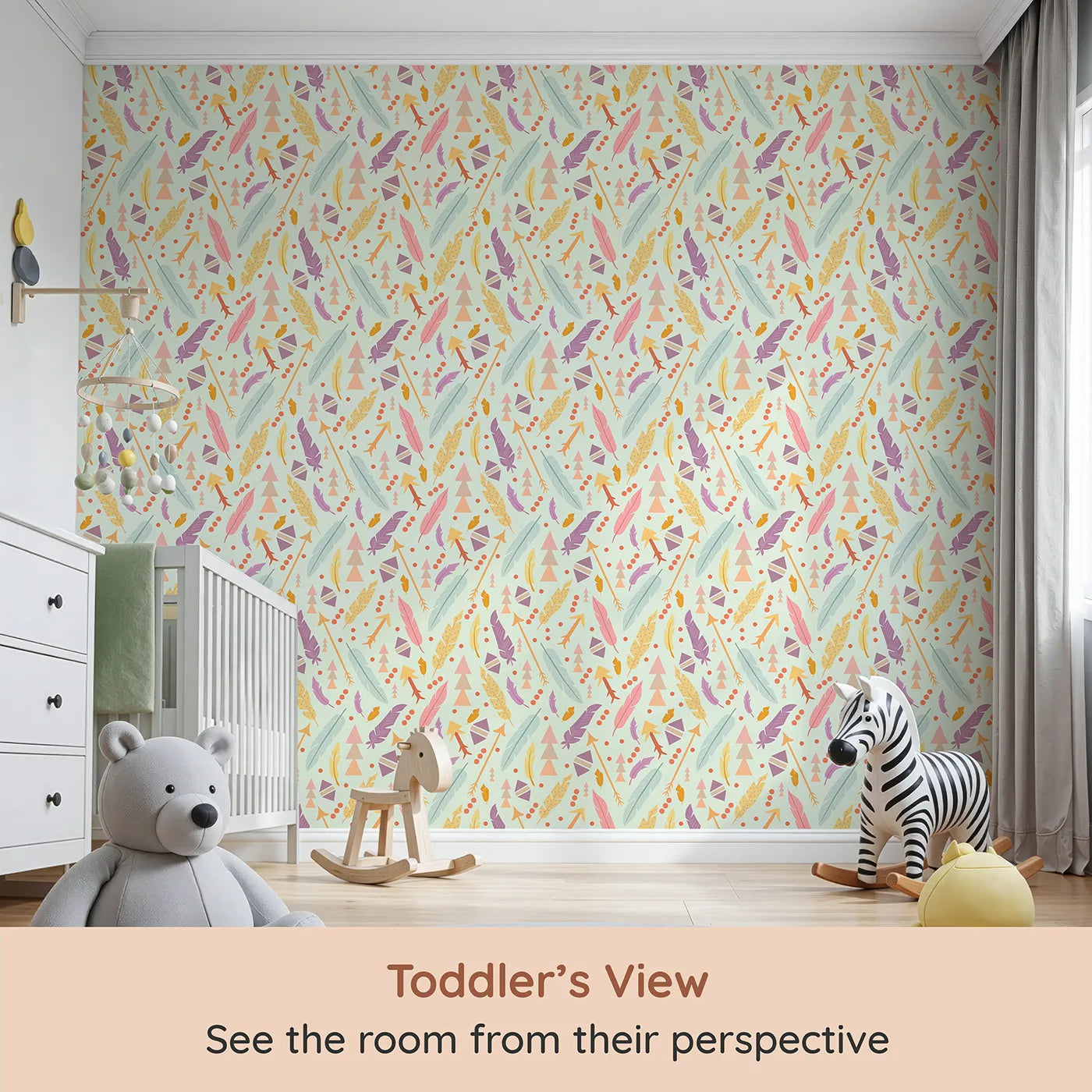 Whimsy Tots Feather Arrow Confetti Wallpaper in Light Mint Green (W3152E) from your child's view.Feathers, arrows, and boho dots spark playful journeys.