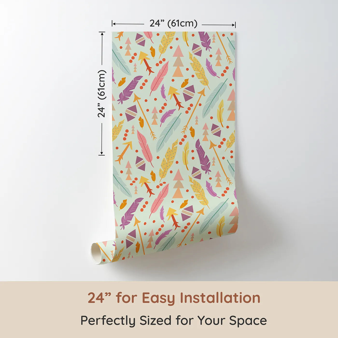 Dimension view of Whimsy Tots Feather Arrow Confetti Wallpaper in Light Mint Green (W3152E). Printed in 24-inch-wide panel for easy installation. Feathers, arrows, and boho dots spark playful journeys.