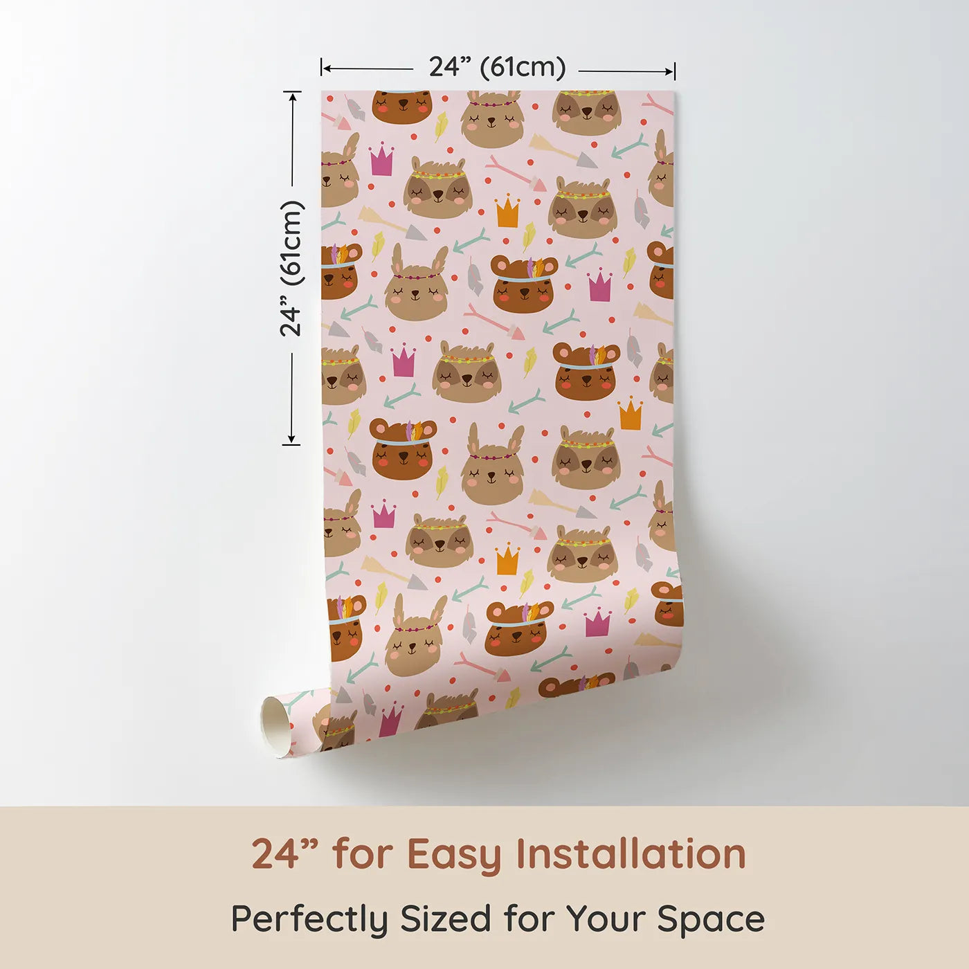 Dimension view of Whimsy Tots Feather Crown Critters Wallpaper in Petal Pink (W3153A). Printed in 24-inch-wide panel for easy installation. Sleepy critters wear feather crowns and pastel smiles.