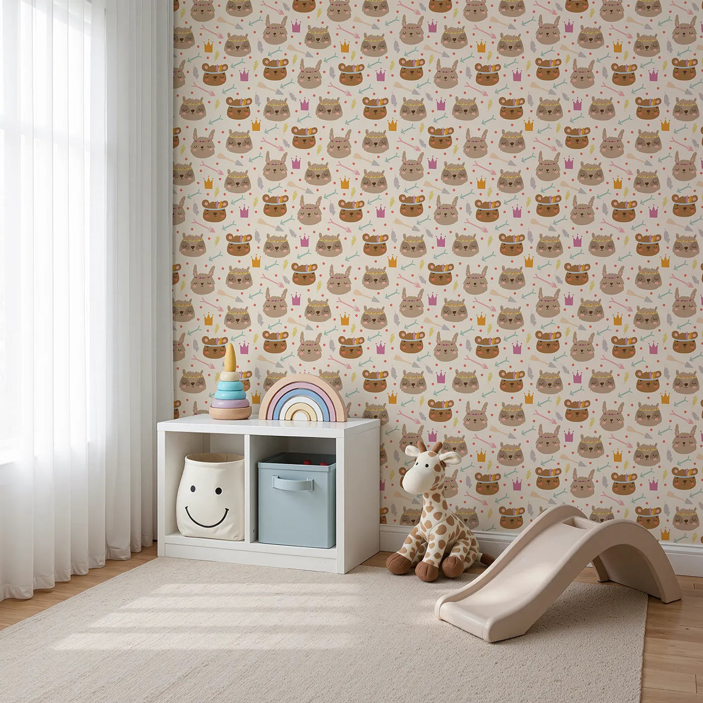 Angled view of Whimsy Tots' Feather Crown Critters Wallpaper in Beige (W3153B).Sleepy critters wear feather crowns and pastel smiles.