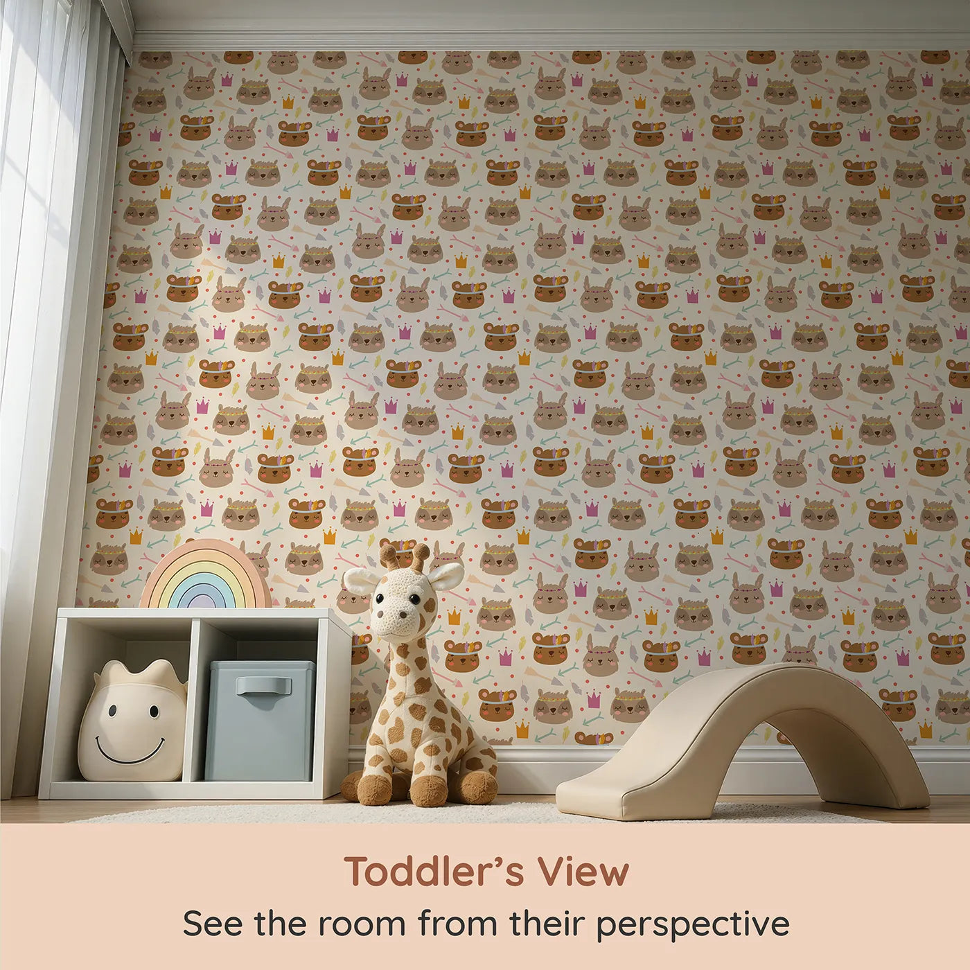 Whimsy Tots Feather Crown Critters Wallpaper in Beige (W3153B) from your child's view.Sleepy critters wear feather crowns and pastel smiles.