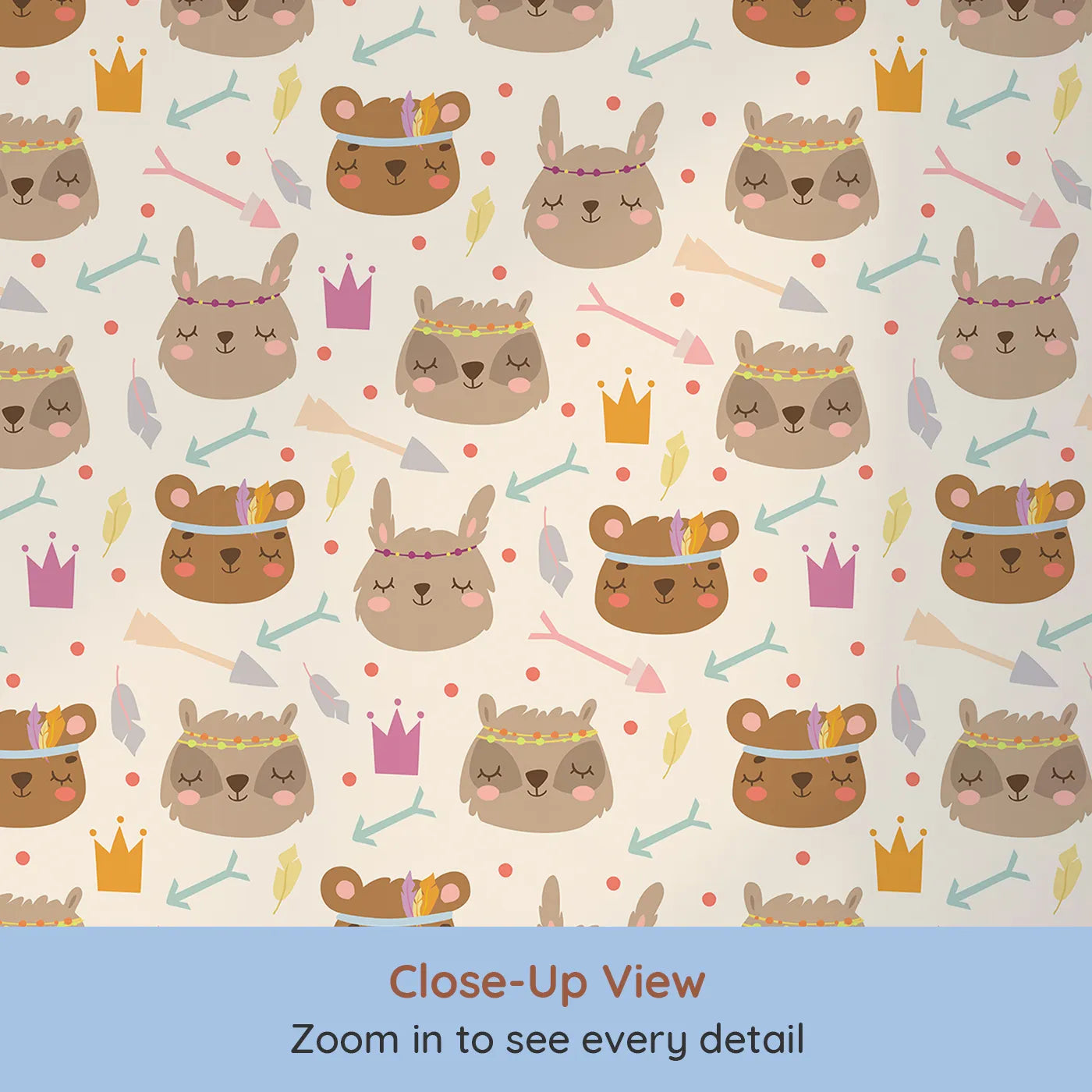 Close-up view of Whimsy Tots' Feather Crown Critters Wallpaper in Beige (W3153B).Sleepy critters wear feather crowns and pastel smiles.