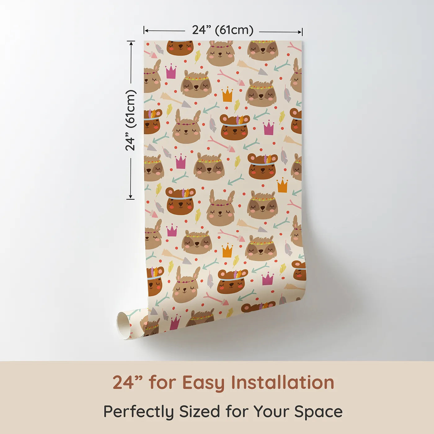 Dimension view of Whimsy Tots Feather Crown Critters Wallpaper in Beige (W3153B). Printed in 24-inch-wide panel for easy installation. Sleepy critters wear feather crowns and pastel smiles.