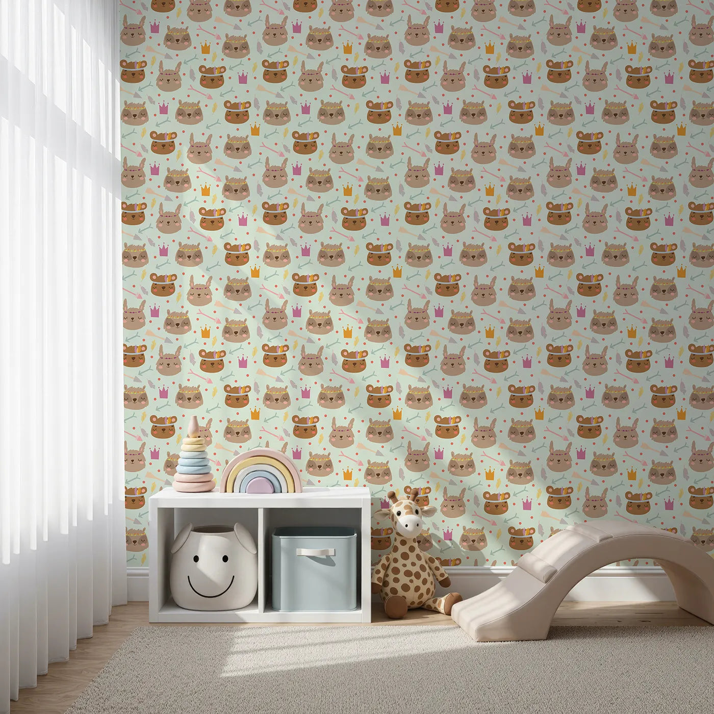 Front view of Whimsy Tots' Feather Crown Critters Wallpaper in Meadow Green