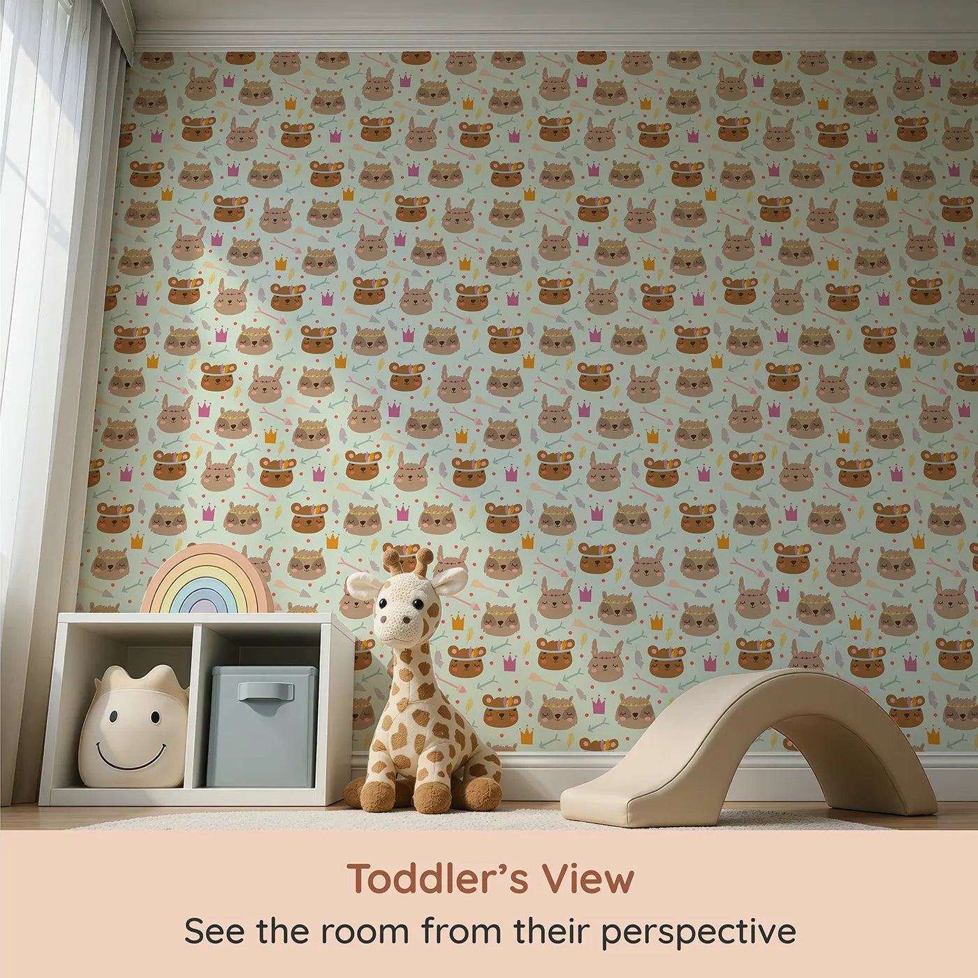 Whimsy Tots Feather Crown Critters Wallpaper in Meadow Green (W3153C) from your child's view.Sleepy critters wear feather crowns and pastel smiles.