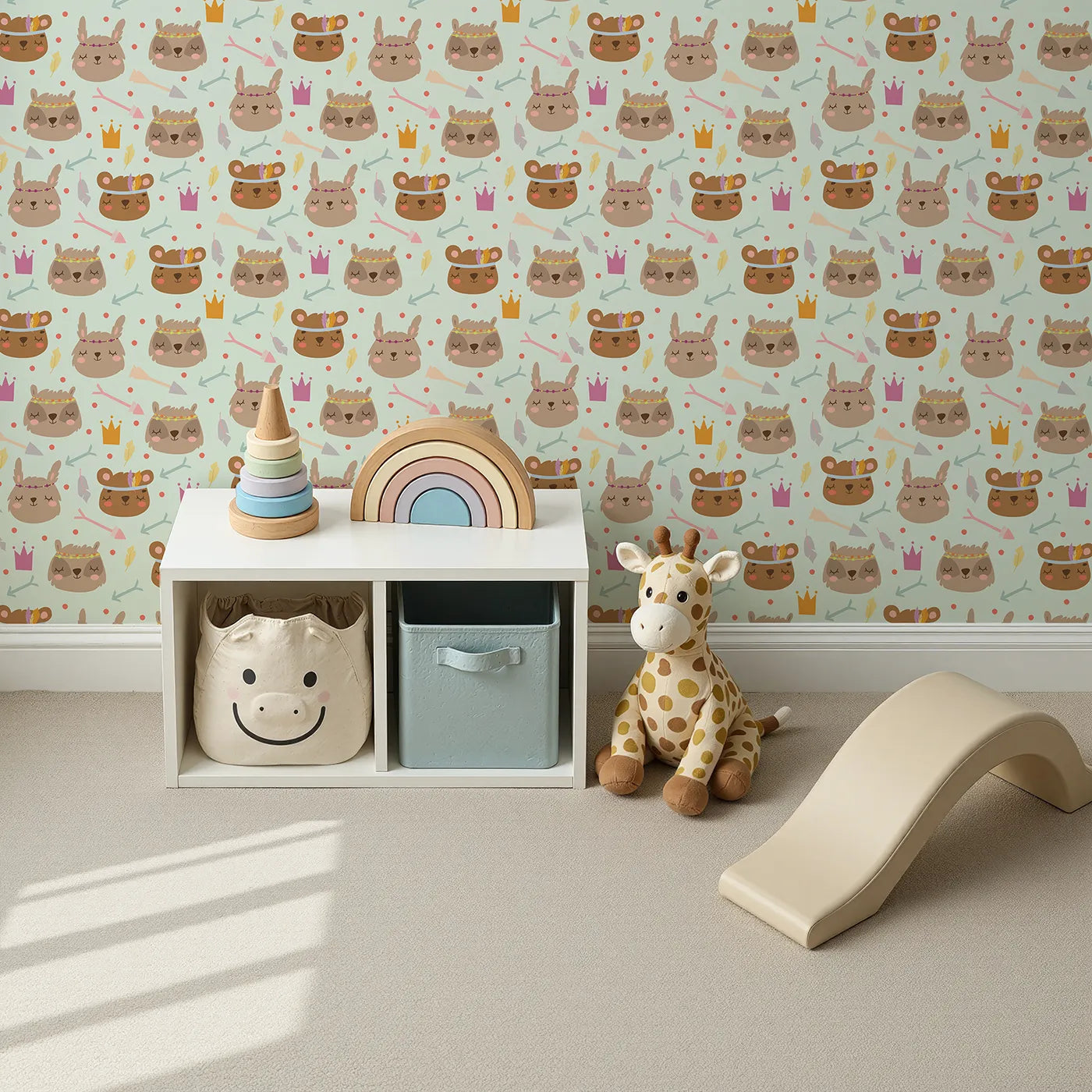 Top-Down view of Whimsy Tots' Feather Crown Critters Wallpaper in Meadow Green (W3153C).Sleepy critters wear feather crowns and pastel smiles.