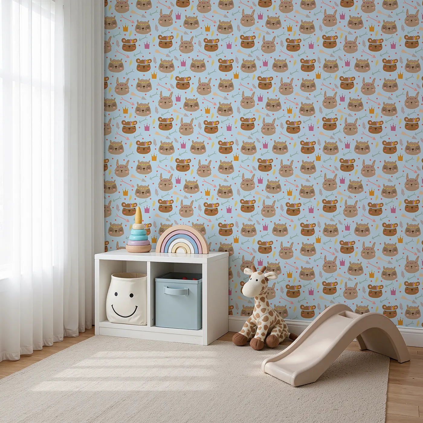 Angled view of Whimsy Tots' Feather Crown Critters Wallpaper in Soft Sky Blue (W3153D).Sleepy critters wear feather crowns and pastel smiles.