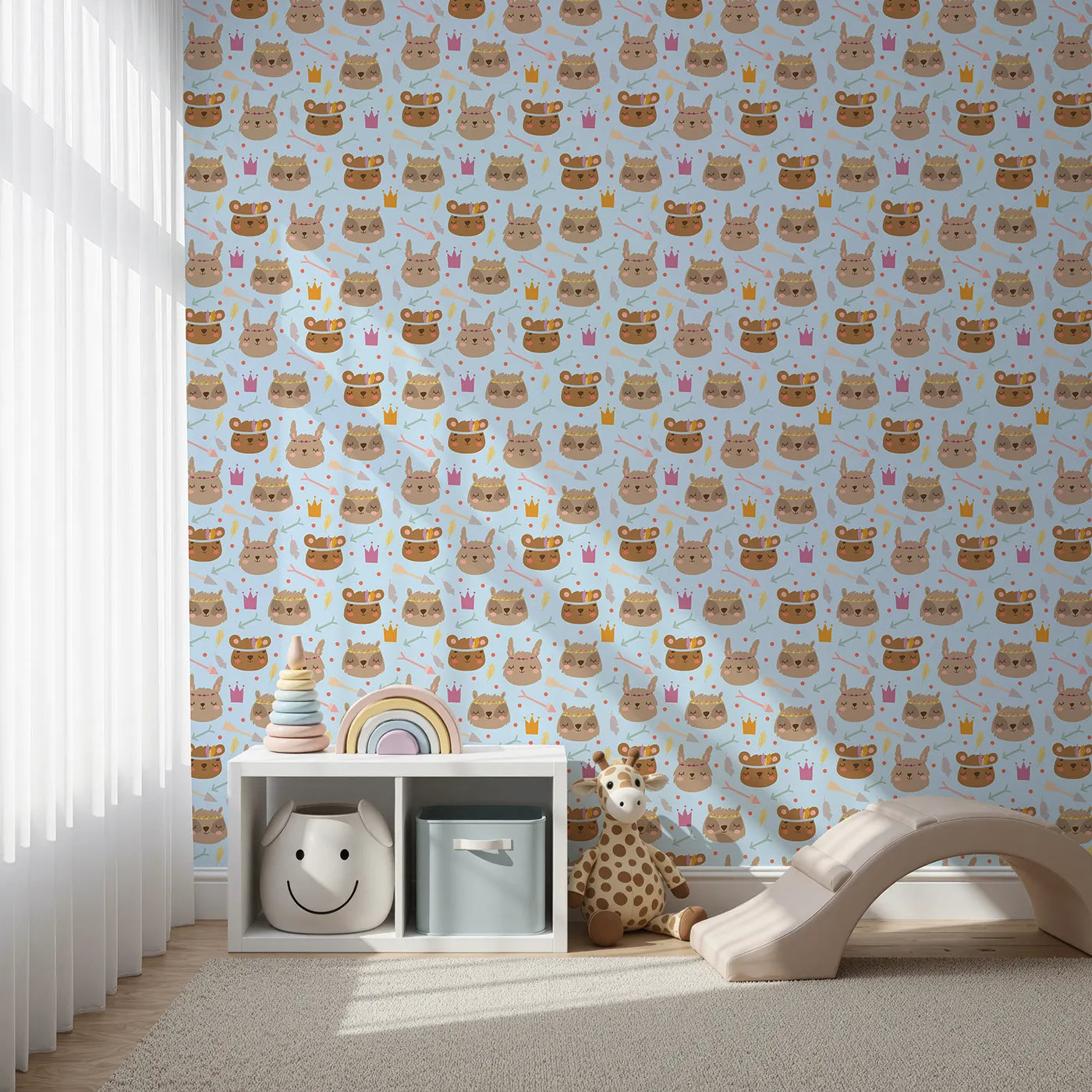 Front view of Whimsy Tots' Feather Crown Critters Wallpaper in Soft Sky Blue