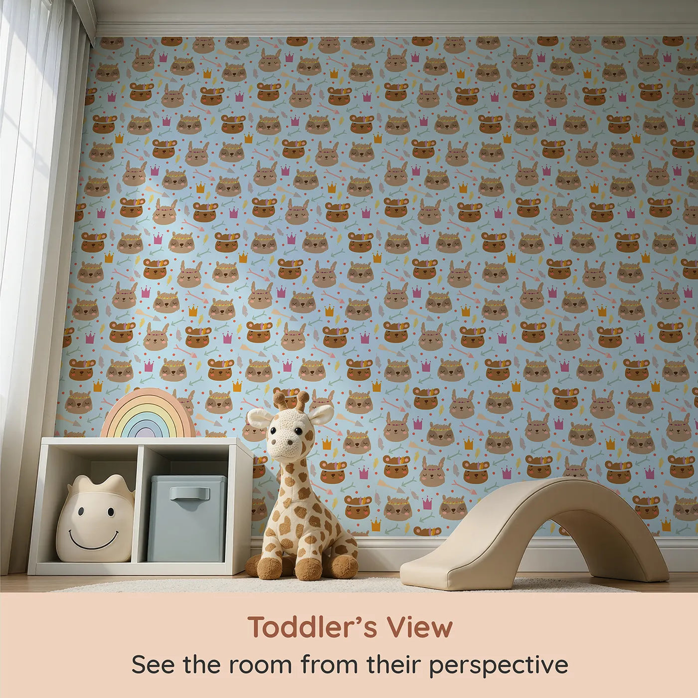 Whimsy Tots Feather Crown Critters Wallpaper in Soft Sky Blue (W3153D) from your child's view.Sleepy critters wear feather crowns and pastel smiles.