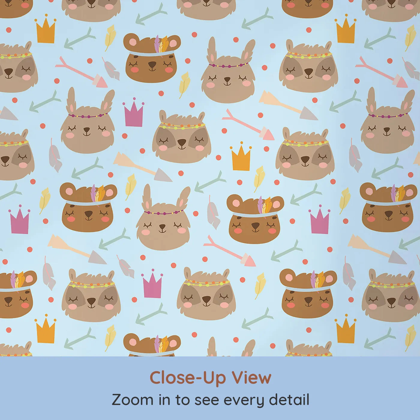 Close-up view of Whimsy Tots' Feather Crown Critters Wallpaper in Soft Sky Blue (W3153D).Sleepy critters wear feather crowns and pastel smiles.