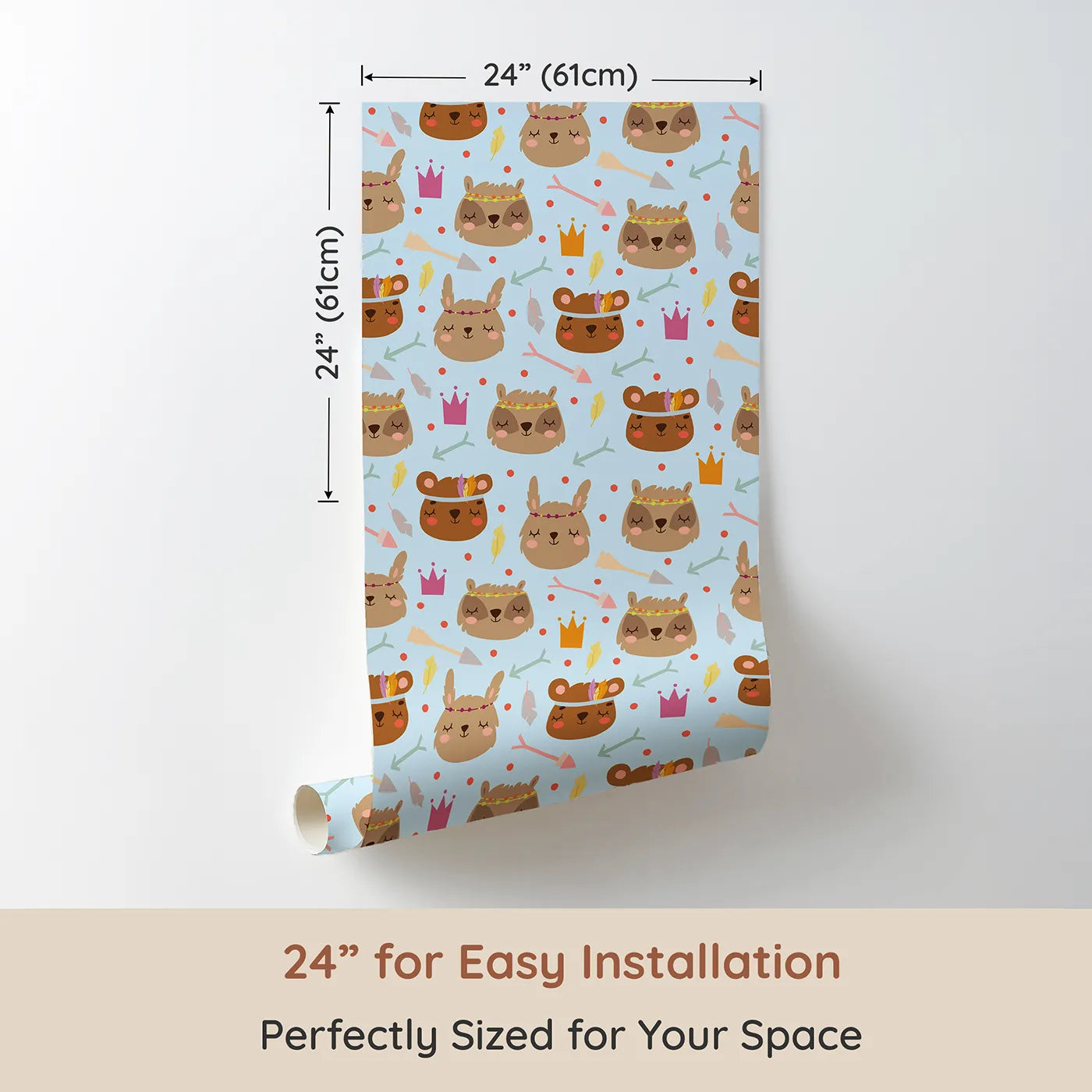 Dimension view of Whimsy Tots Feather Crown Critters Wallpaper in Soft Sky Blue (W3153D). Printed in 24-inch-wide panel for easy installation. Sleepy critters wear feather crowns and pastel smiles.