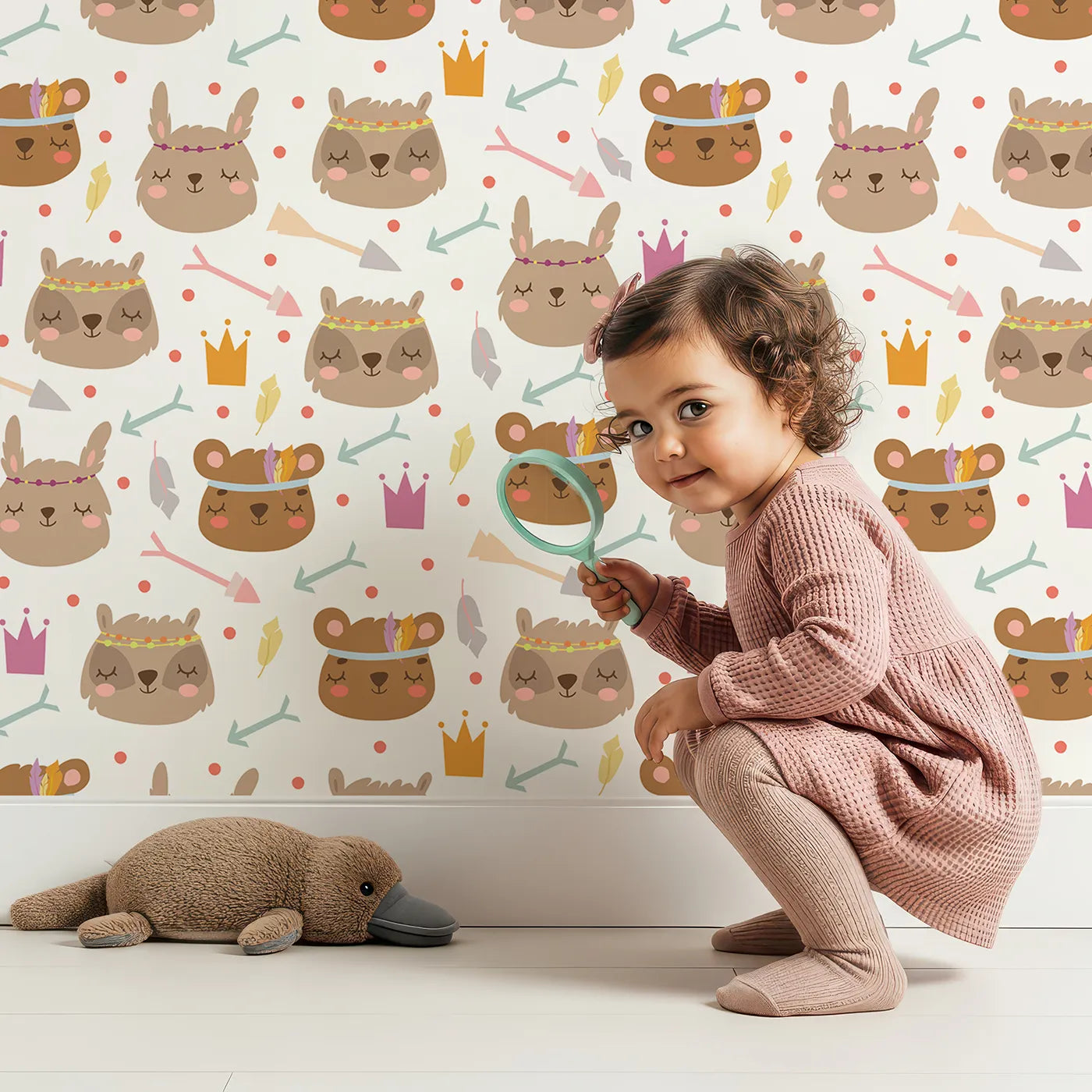 Lovely child standing in front of Whimsy Tots Feather Crown Critters Wallpaper in CreamΒ White with bear, rabbit, crown, feather, arrow, dot in design.
