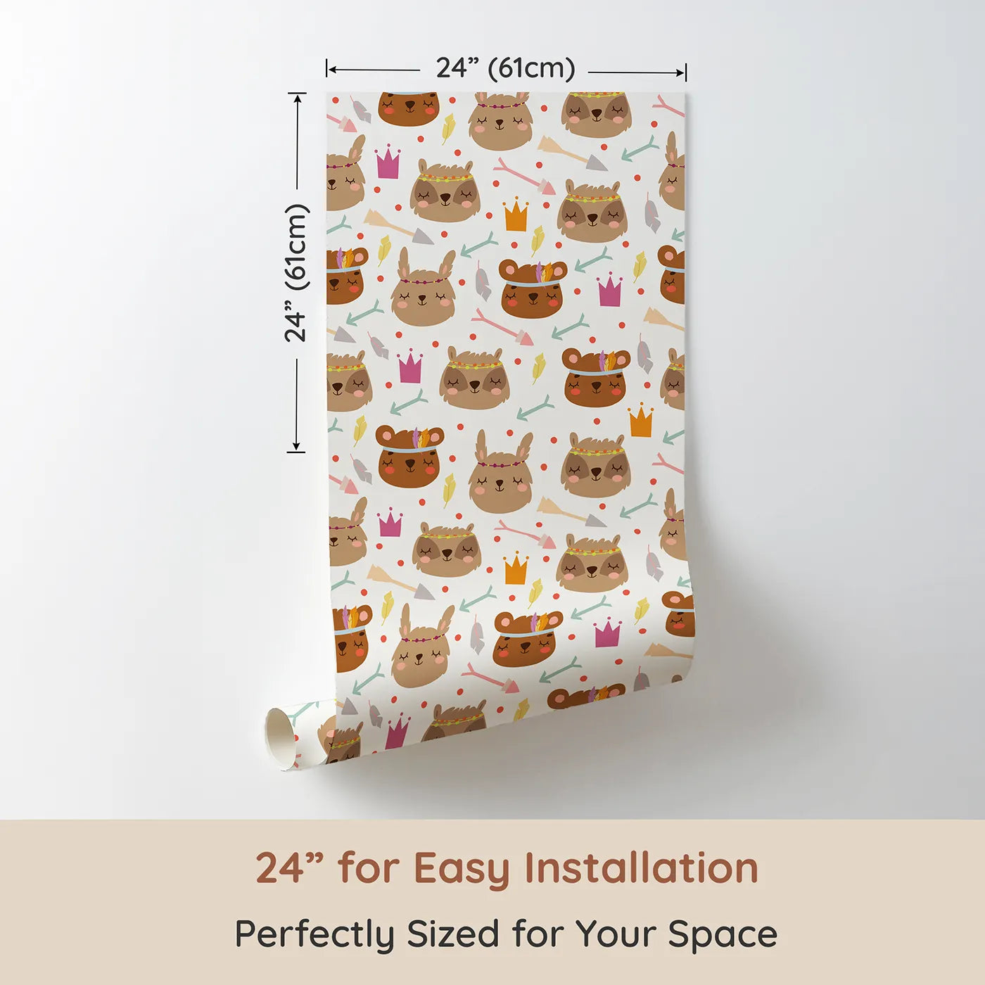 Dimension view of Whimsy Tots Feather Crown Critters Wallpaper in CreamΒ White (W3153E). Printed in 24-inch-wide panel for easy installation. Sleepy critters wear feather crowns and pastel smiles.