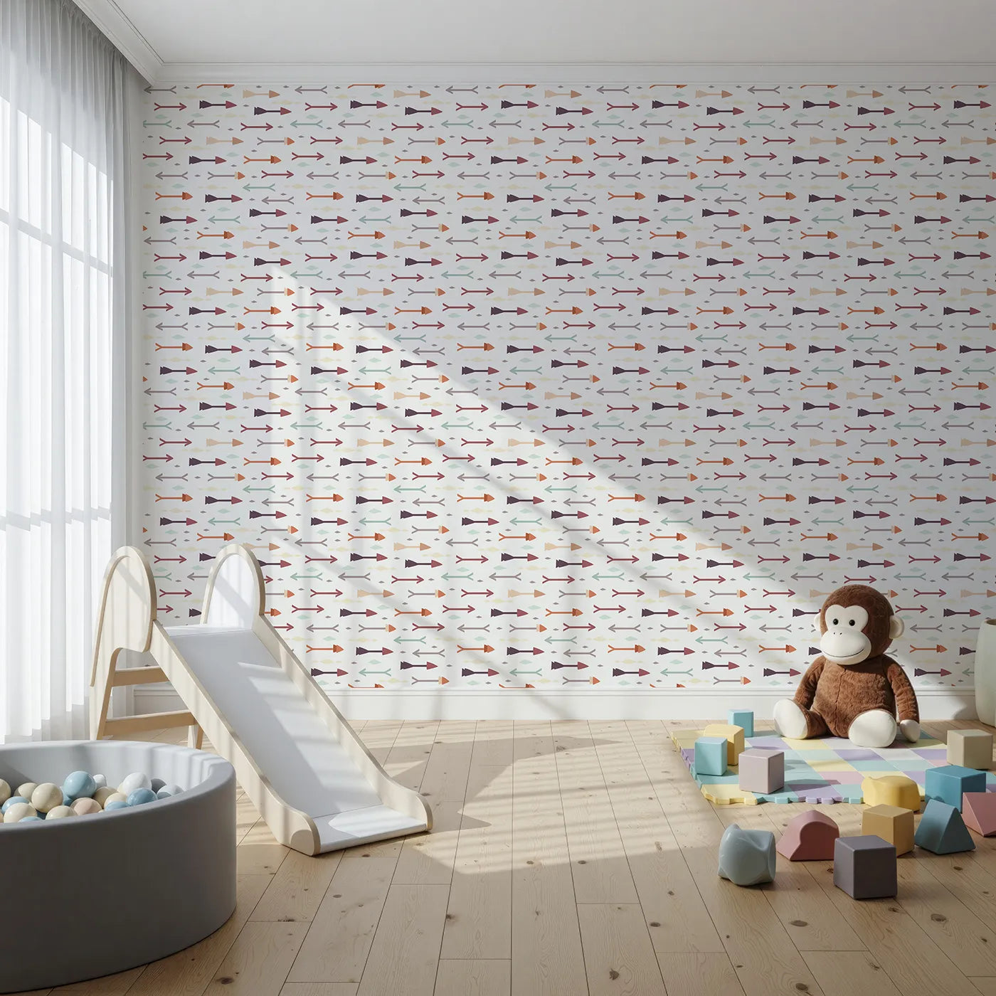 Front view of Whimsy Tots' Boho Arrow Trail Wallpaper in Cream White